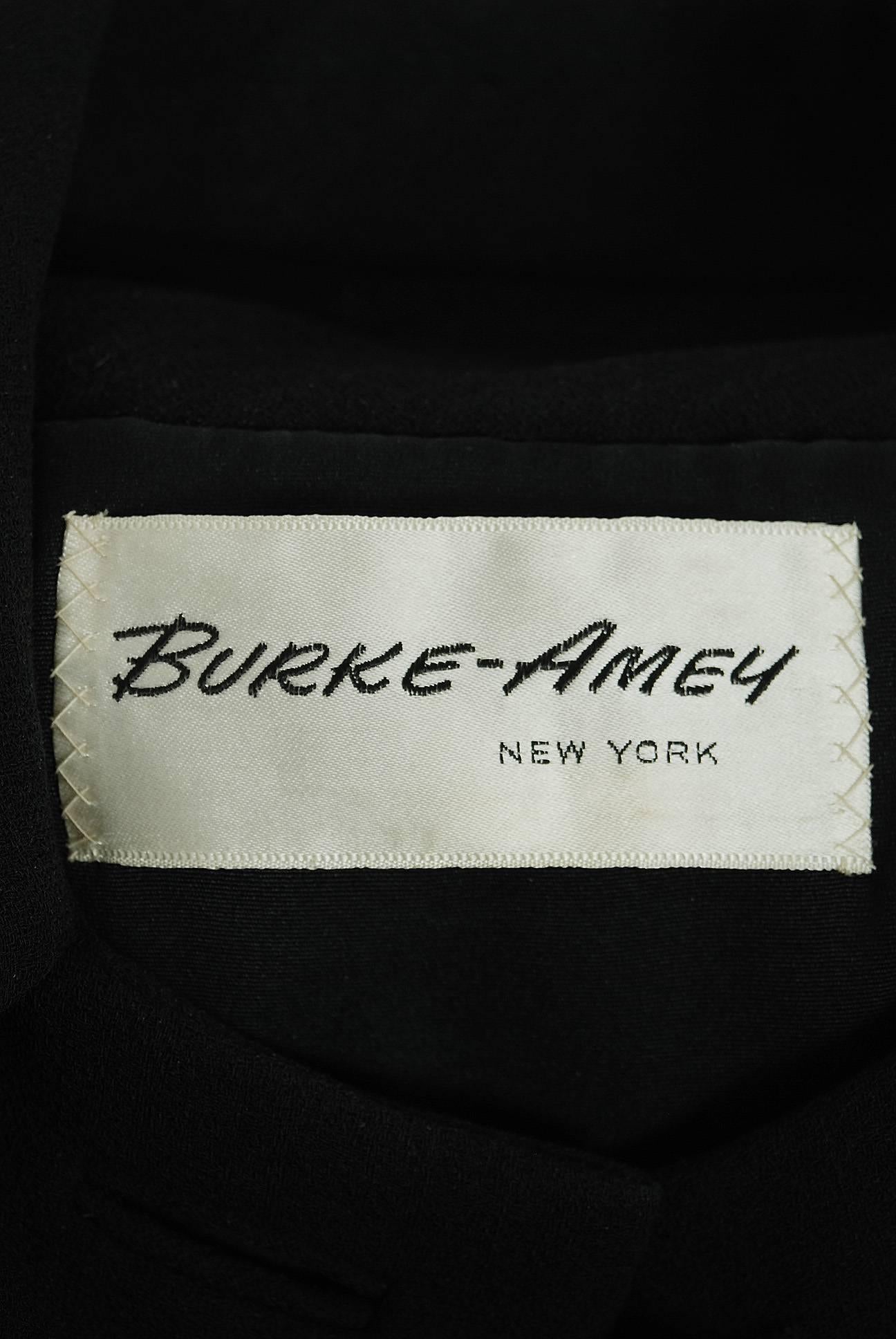 Vintage 1960's Burke-Amey Couture Black Wool & Green Silk Applique Dress Suit For Sale 2