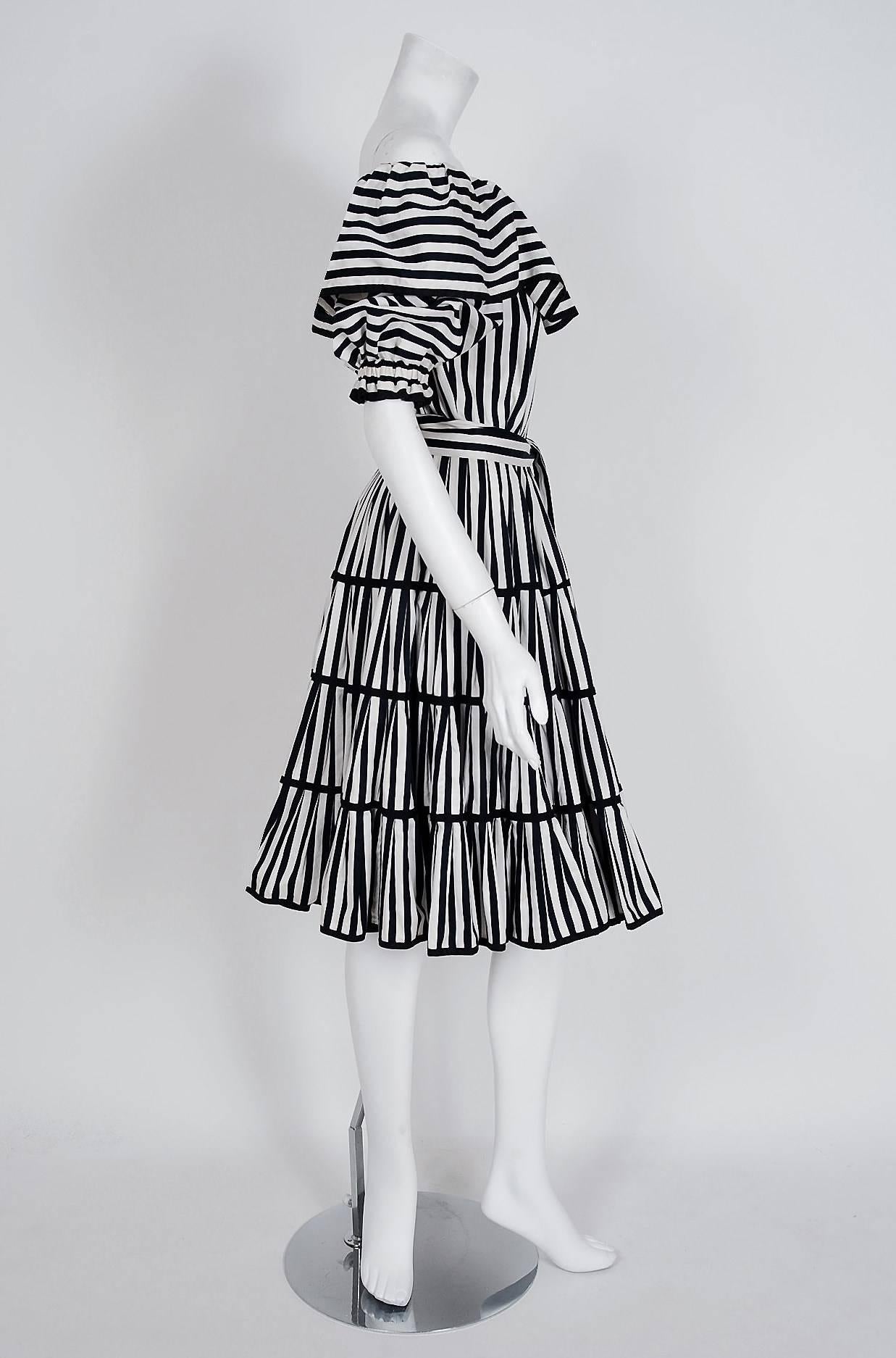 Women's 1970's Yves Saint Laurent Black & White Stripe Cotton Off-Shoulder Belted Dress