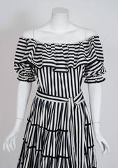 1970's Yves Saint Laurent Black & White Stripe Cotton Off-Shoulder Belted Dress