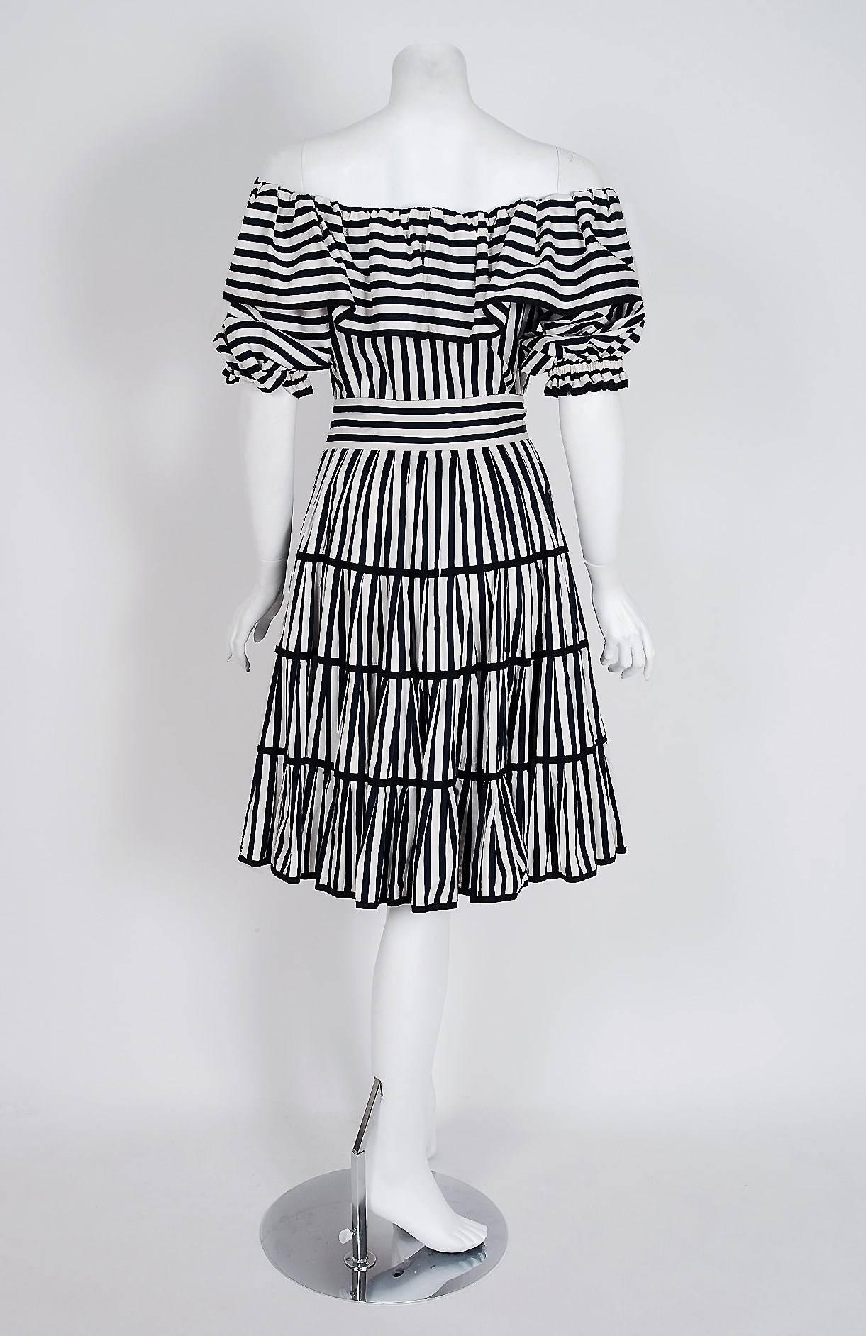 1970's Yves Saint Laurent Black & White Stripe Cotton Off-Shoulder Belted Dress 1