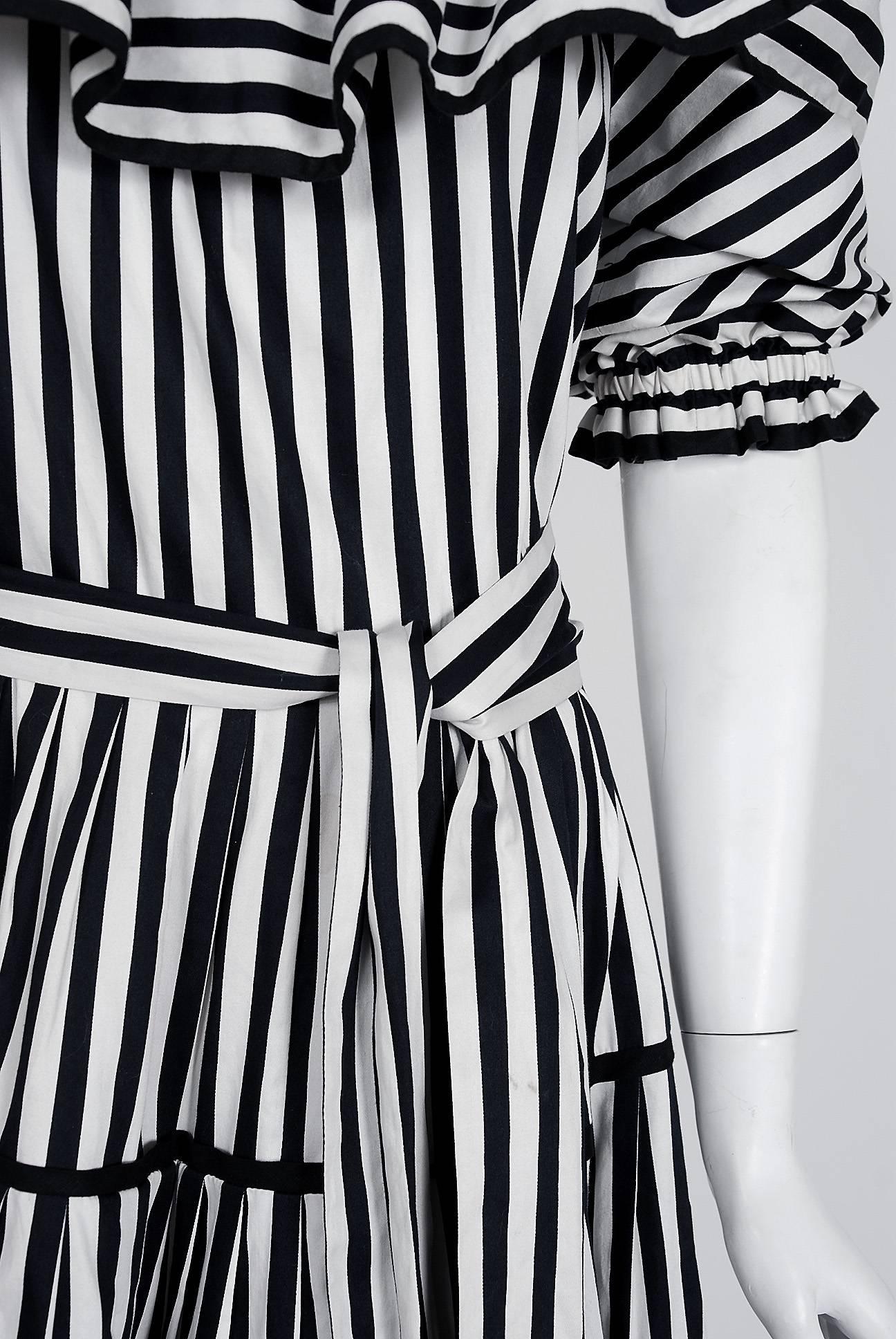 1970's Yves Saint Laurent Black & White Stripe Cotton Off-Shoulder Belted Dress In Excellent Condition In Beverly Hills, CA