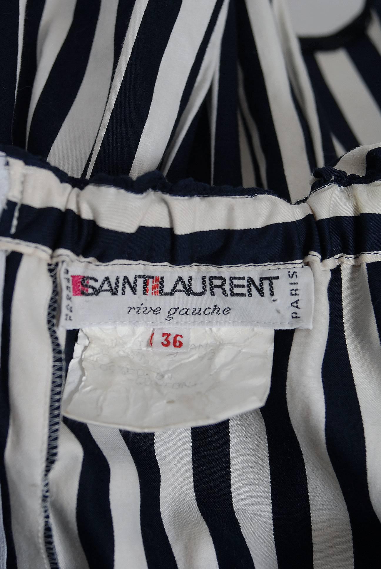 1970's Yves Saint Laurent Black & White Stripe Cotton Off-Shoulder Belted Dress 2