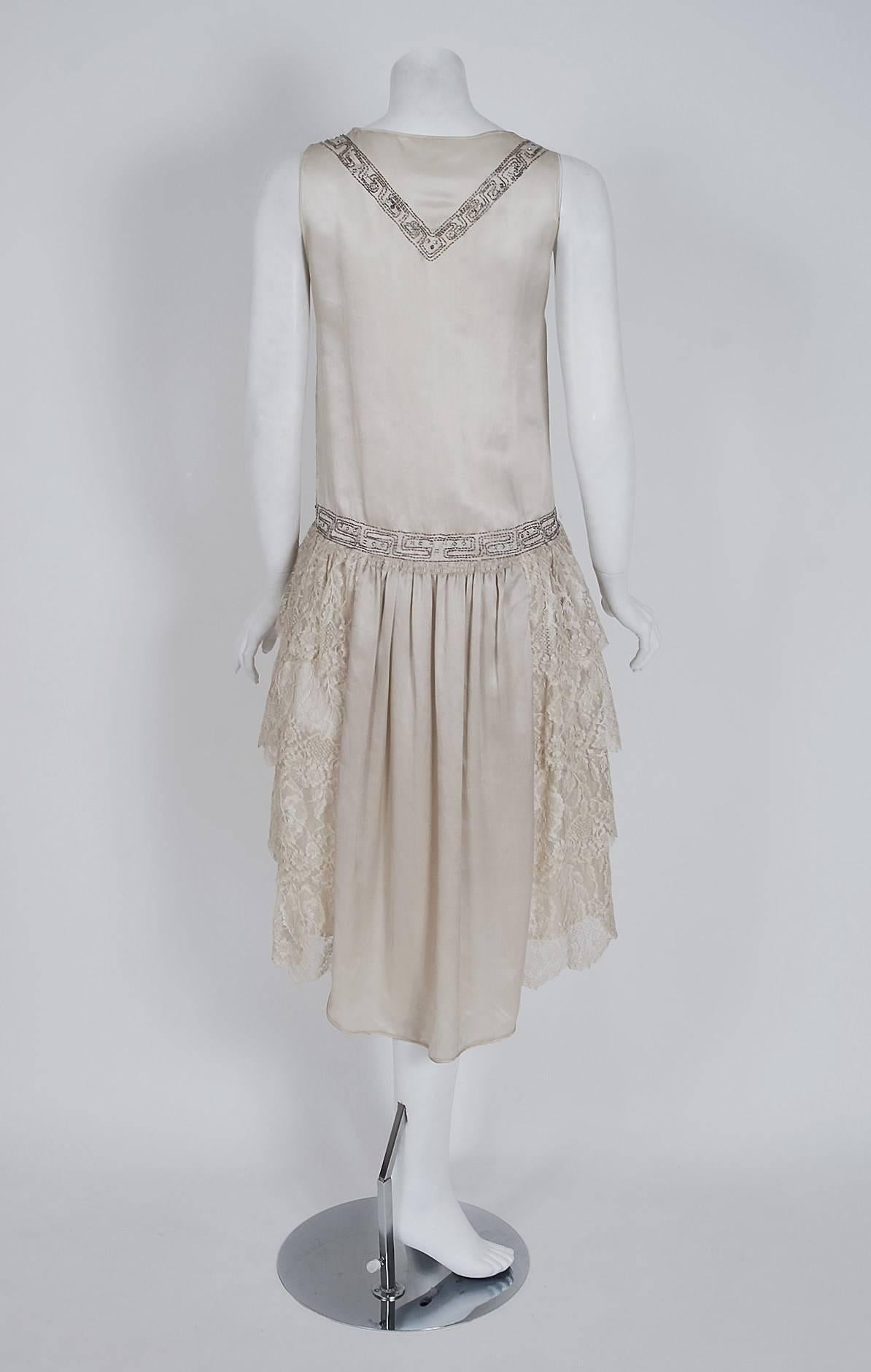 Gray 1920's French Beaded Rhinestone Ivory-White Silk & Tiered Lace Flapper Dress 