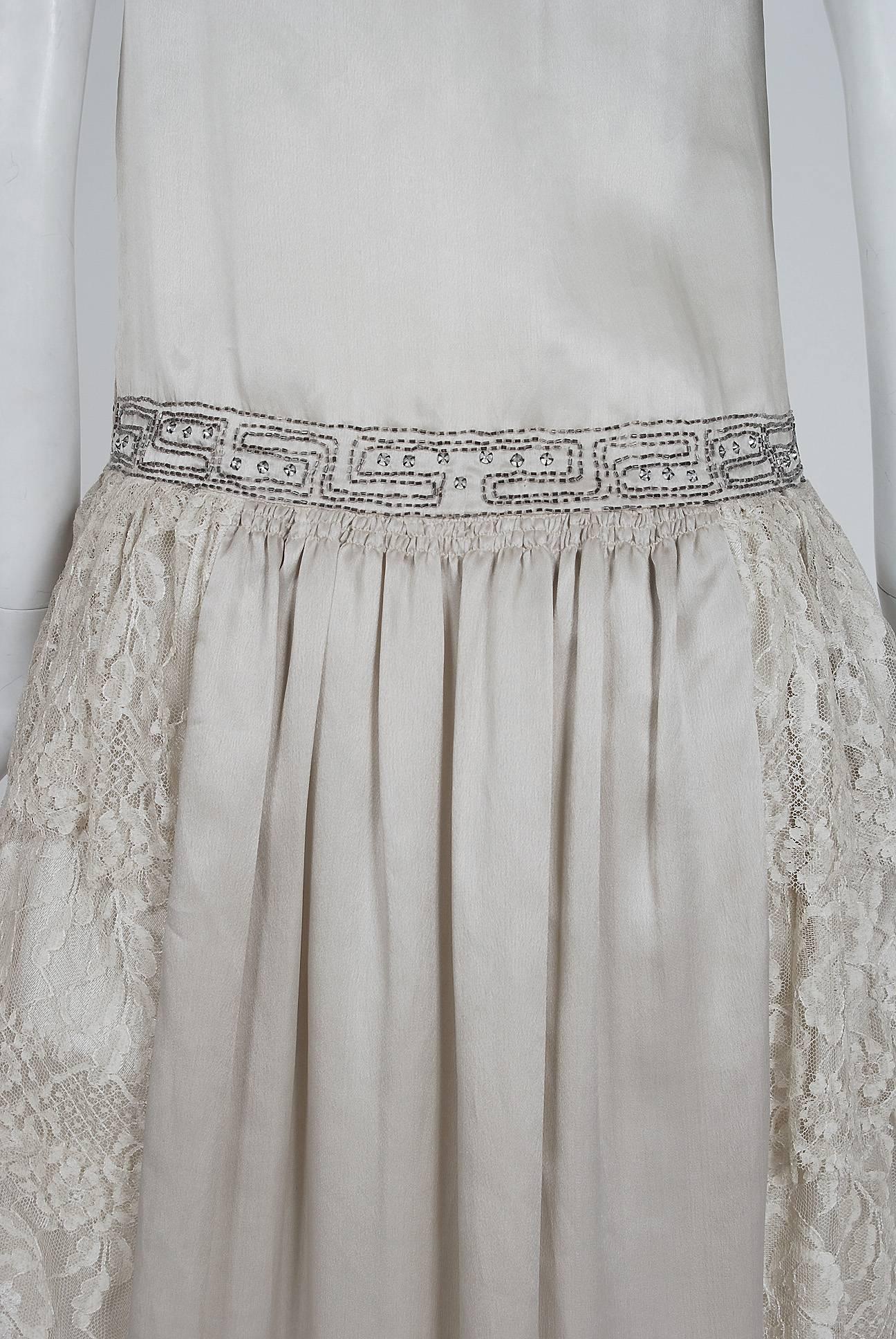 1920's French Beaded Rhinestone Ivory-White Silk & Tiered Lace Flapper Dress  In Excellent Condition In Beverly Hills, CA