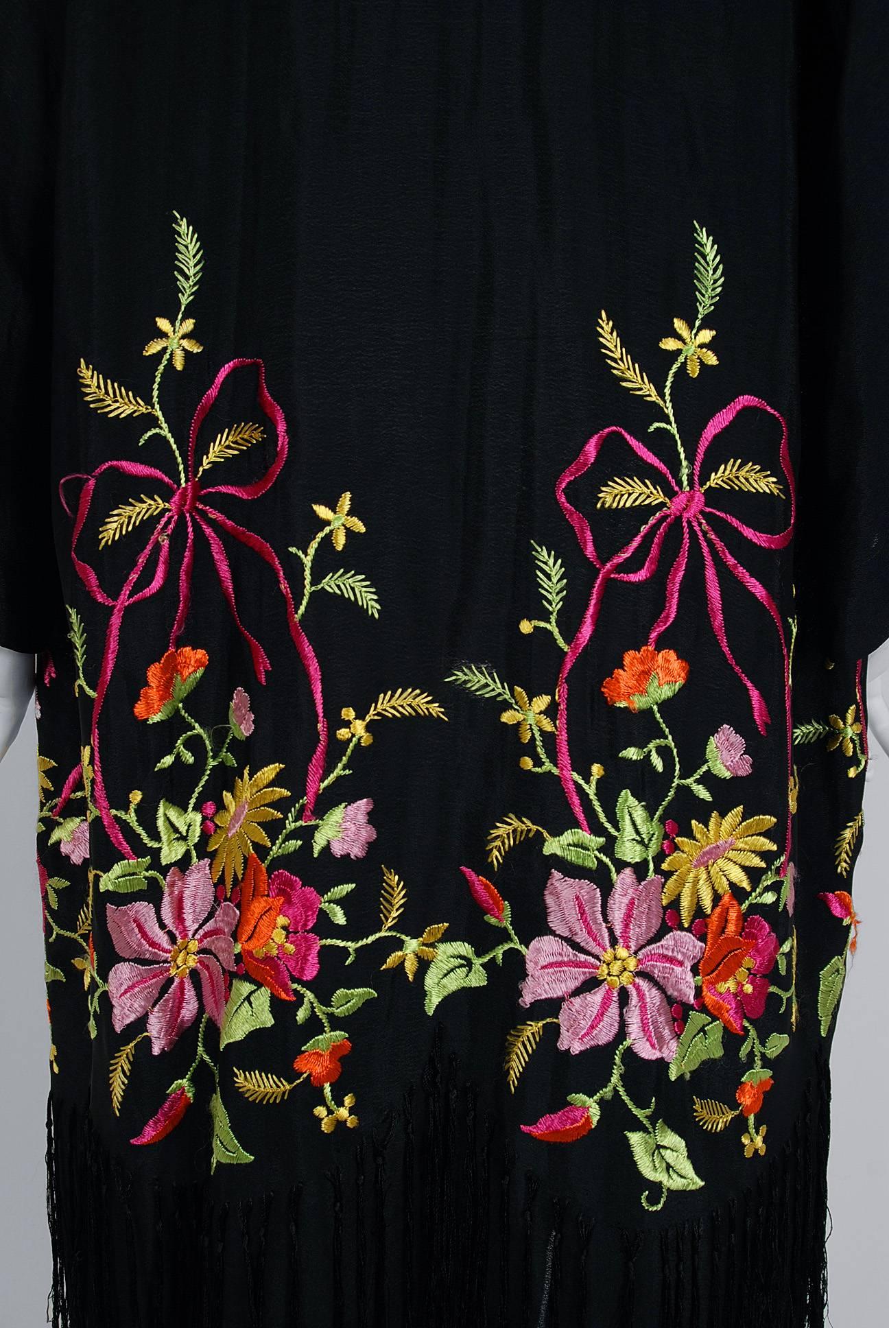 1920's Embroidered Floral Black Silk-Rayon Deco Flapper Fringe Kimono Jacket In Excellent Condition In Beverly Hills, CA