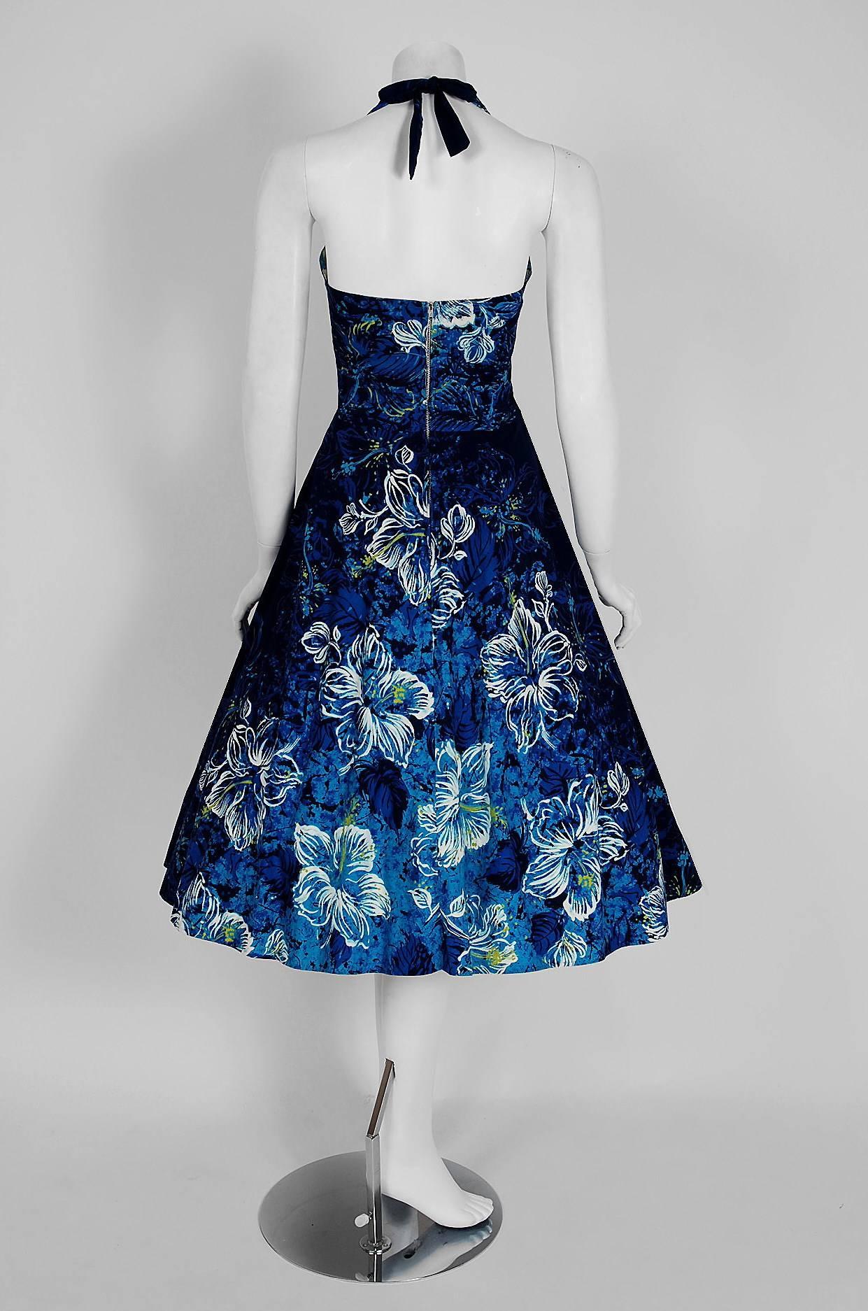 1950's Hawaiian Tropical-Hibiscus Blue Floral Print Cotton Halter Sun Dress In Excellent Condition In Beverly Hills, CA