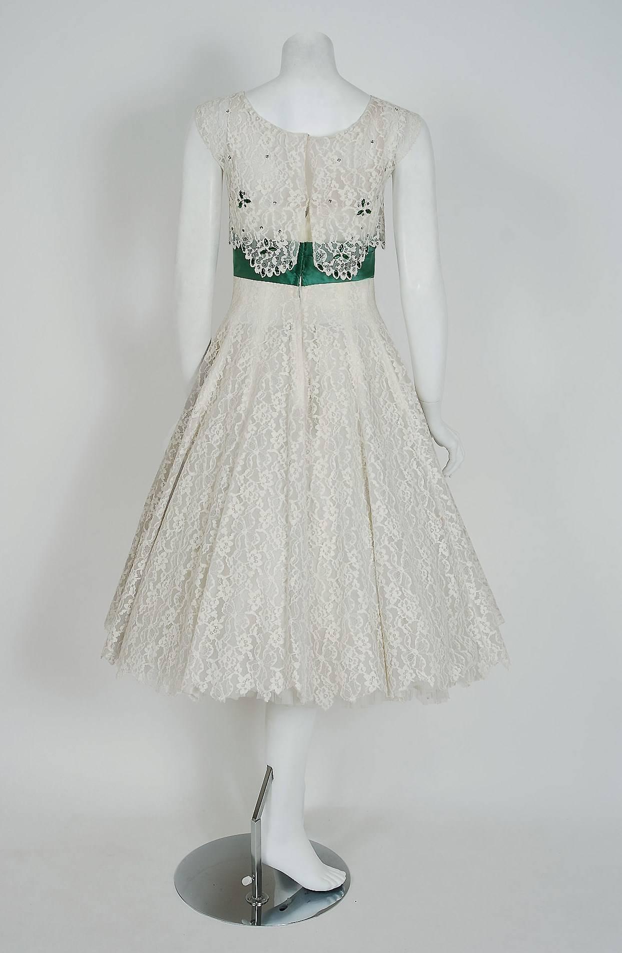 1950's Peggy Hunt White Lace & Green Satin Rhinestone Shelf-Bust Party Dress In Excellent Condition In Beverly Hills, CA