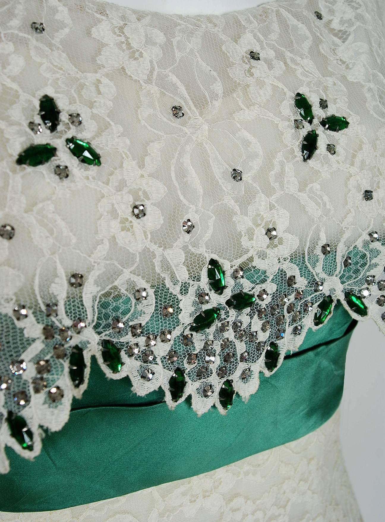 Gray 1950's Peggy Hunt White Lace & Green Satin Rhinestone Shelf-Bust Party Dress