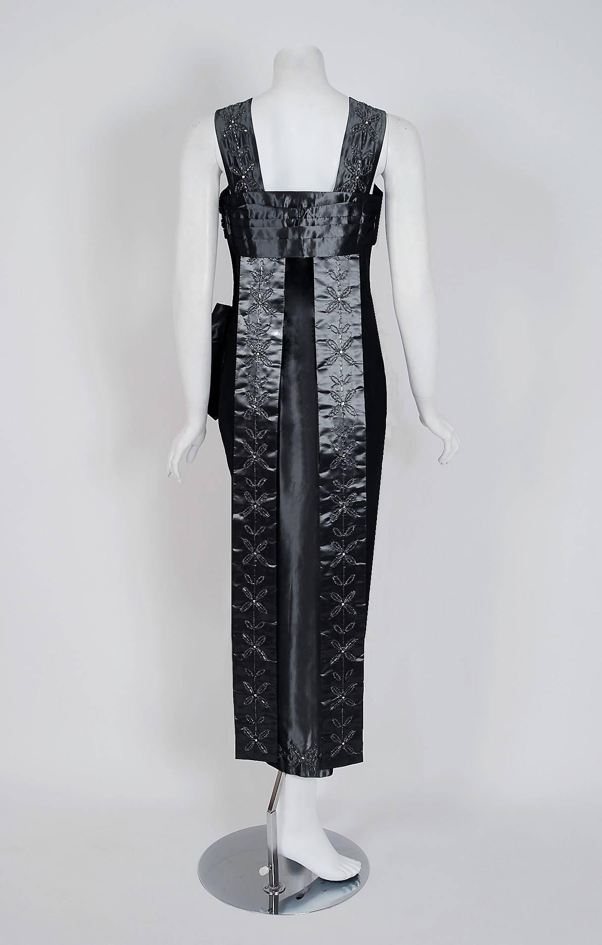 Women's Vintage 1950s Iridescent Gunmetal Silk-Taffeta Beaded Rhinestone Hourglass Dress For Sale