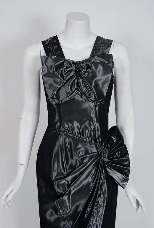 Vintage 1950s Iridescent Gunmetal SilkTaffeta Beaded Rhinestone