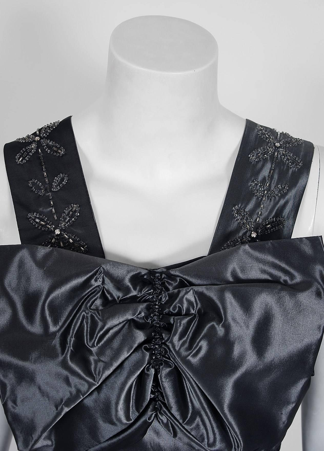 Black Vintage 1950s Iridescent Gunmetal Silk-Taffeta Beaded Rhinestone Hourglass Dress For Sale