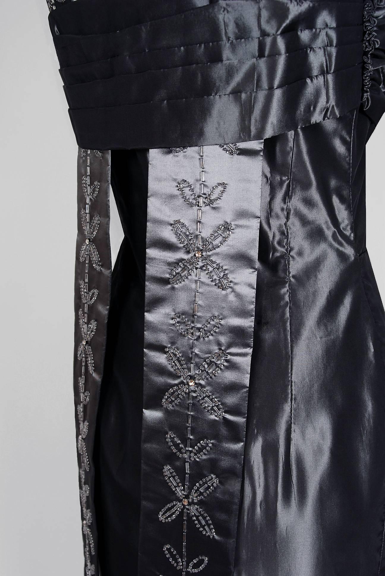 Vintage 1950s Iridescent Gunmetal Silk-Taffeta Beaded Rhinestone Hourglass Dress For Sale 1