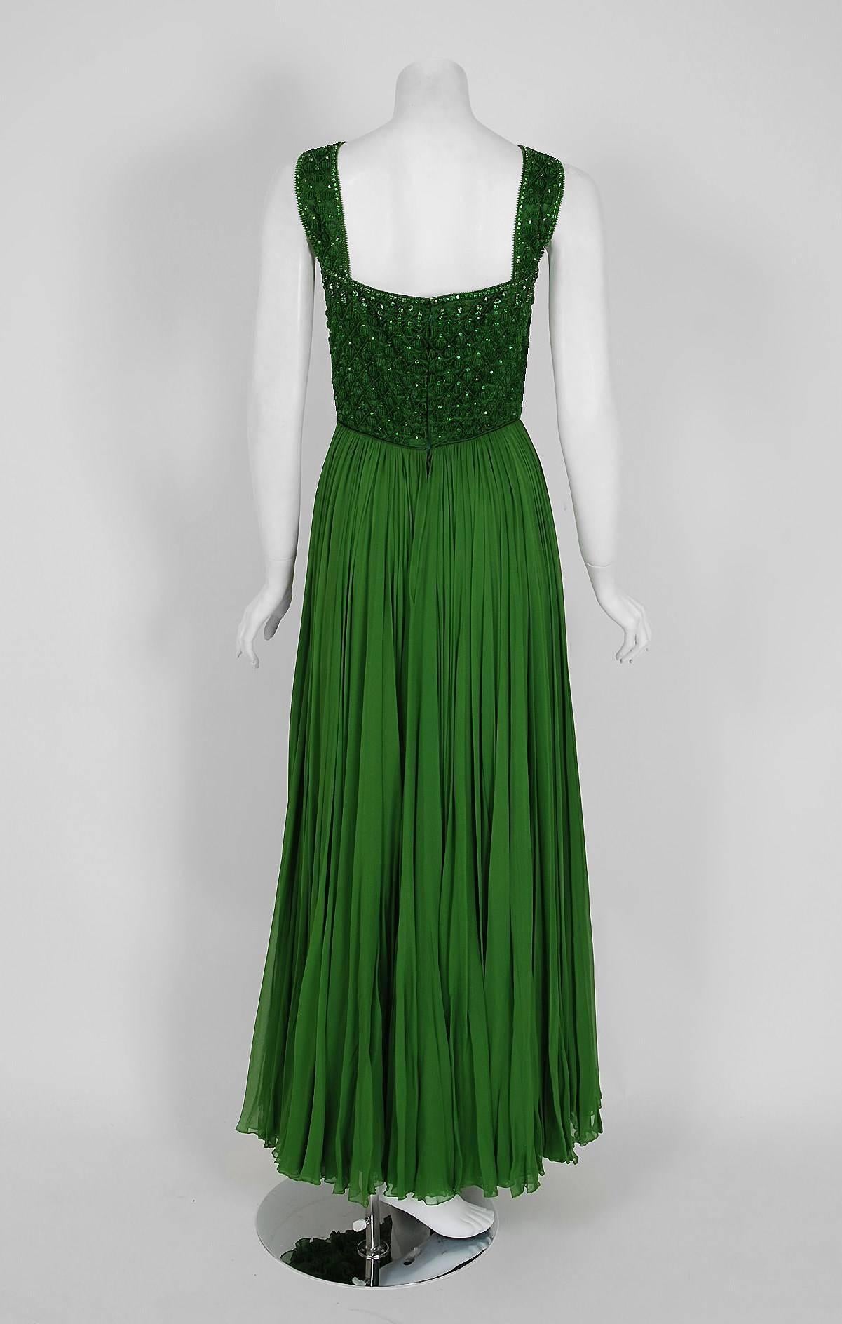 Women's Vintage 1950's Rosali Macrini Emerald Green Beaded Rhinestone Silk Chiffon Gown