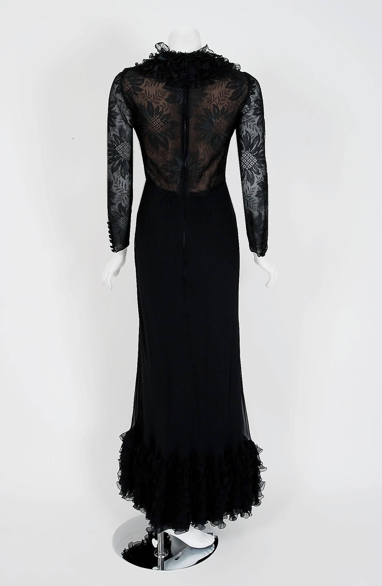 1975 Valentino Couture Black Silk-Chiffon & Sheer Illusion-Lace Ruffle Gown 1