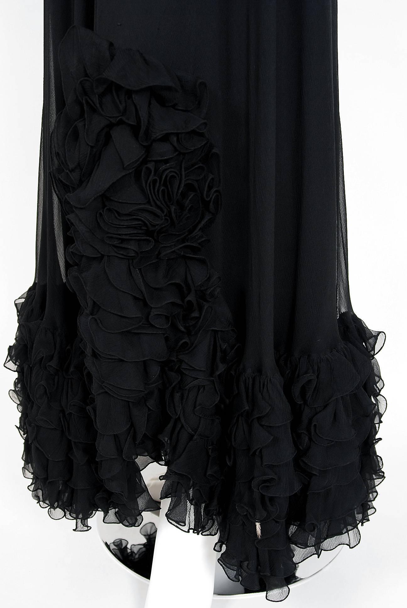 Women's 1975 Valentino Couture Black Silk-Chiffon & Sheer Illusion-Lace Ruffle Gown