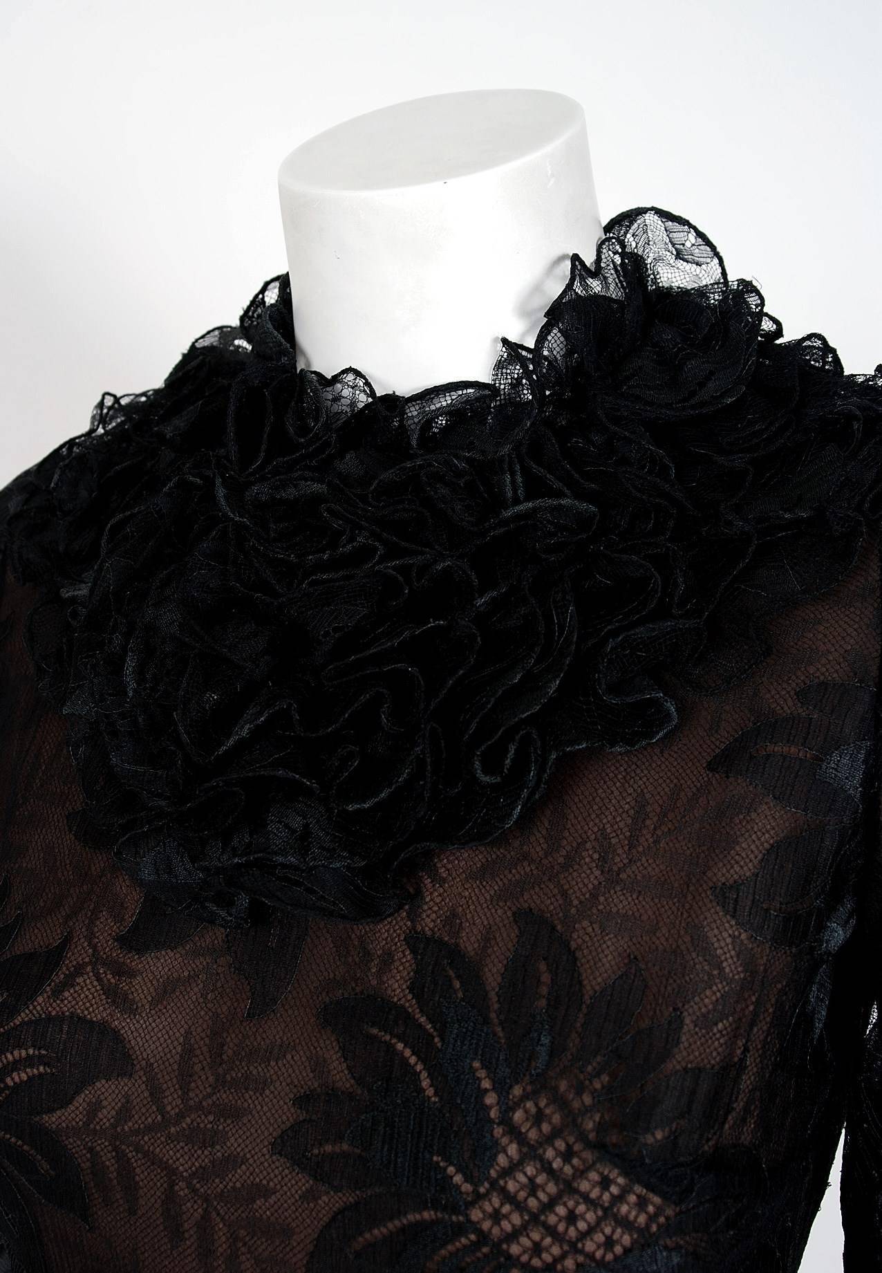 1975 Valentino Couture Black Silk-Chiffon & Sheer Illusion-Lace Ruffle Gown In Excellent Condition In Beverly Hills, CA