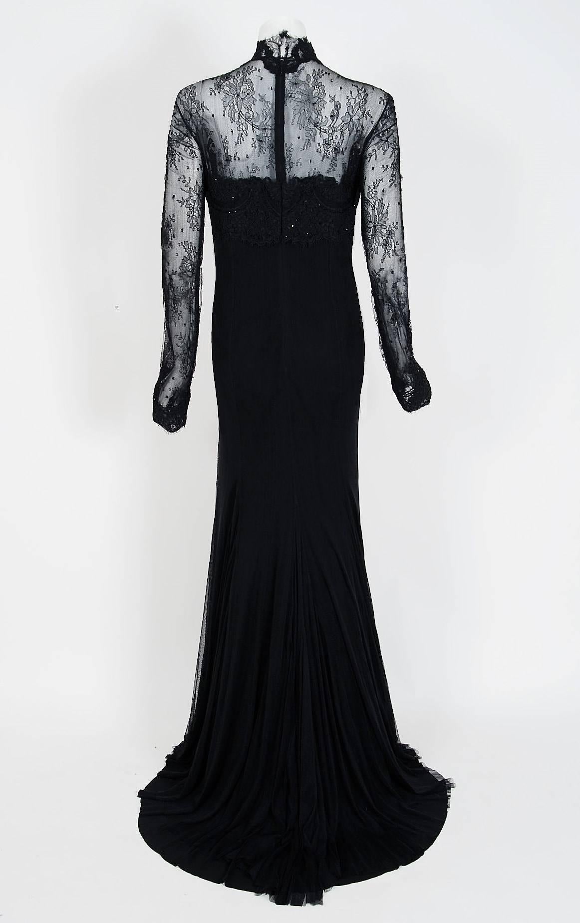 2010 Rafael Cennamo Couture Black Beaded Lace-Illusion Gothic Trained Gown 1