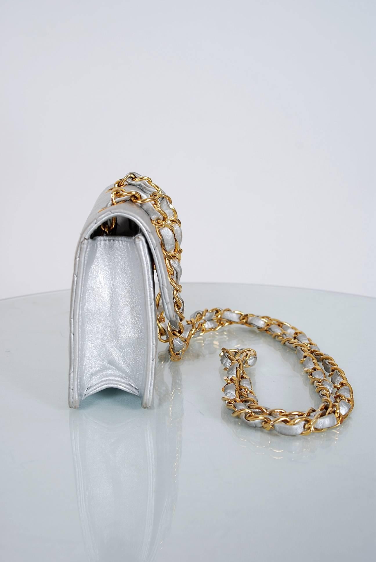 Women's 1990's Chanel Metallic-Silver Quilted Leather Mini Flap Shoulder Bag Purse