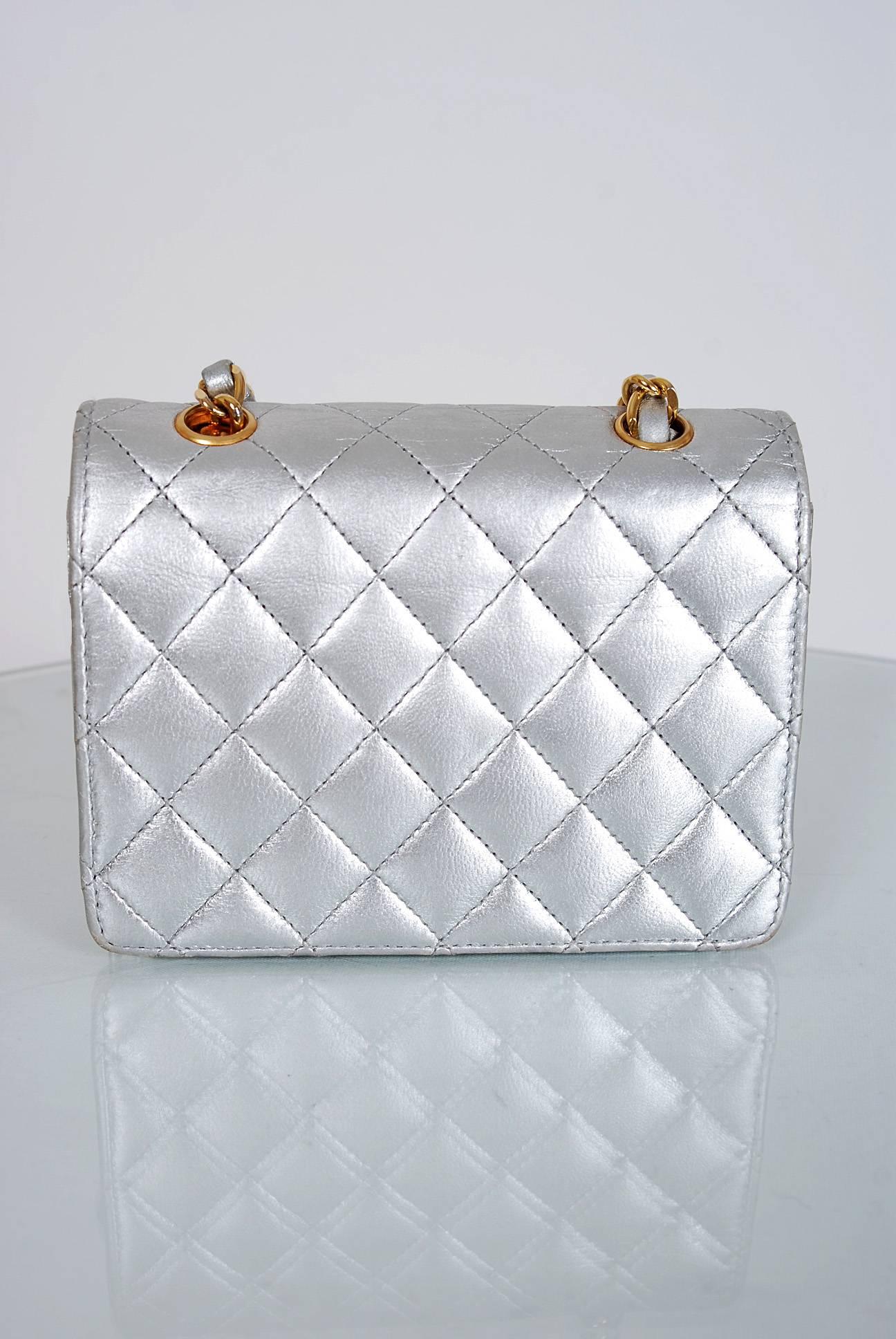 1990's Chanel Metallic-Silver Quilted Leather Mini Flap Shoulder Bag Purse 3