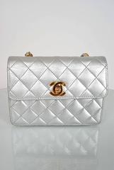 1990's Chanel Metallic-Silver Quilted Leather Mini Flap Shoulder Bag Purse