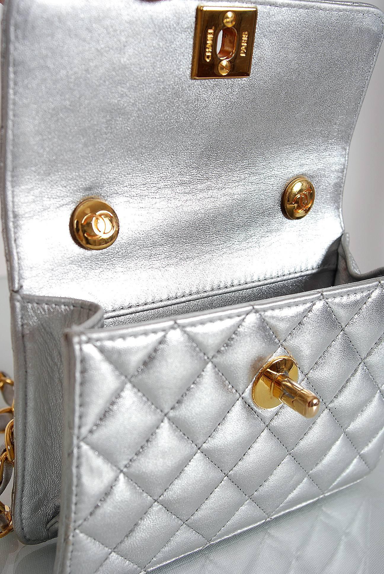 1990's Chanel Metallic-Silver Quilted Leather Mini Flap Shoulder Bag Purse 1
