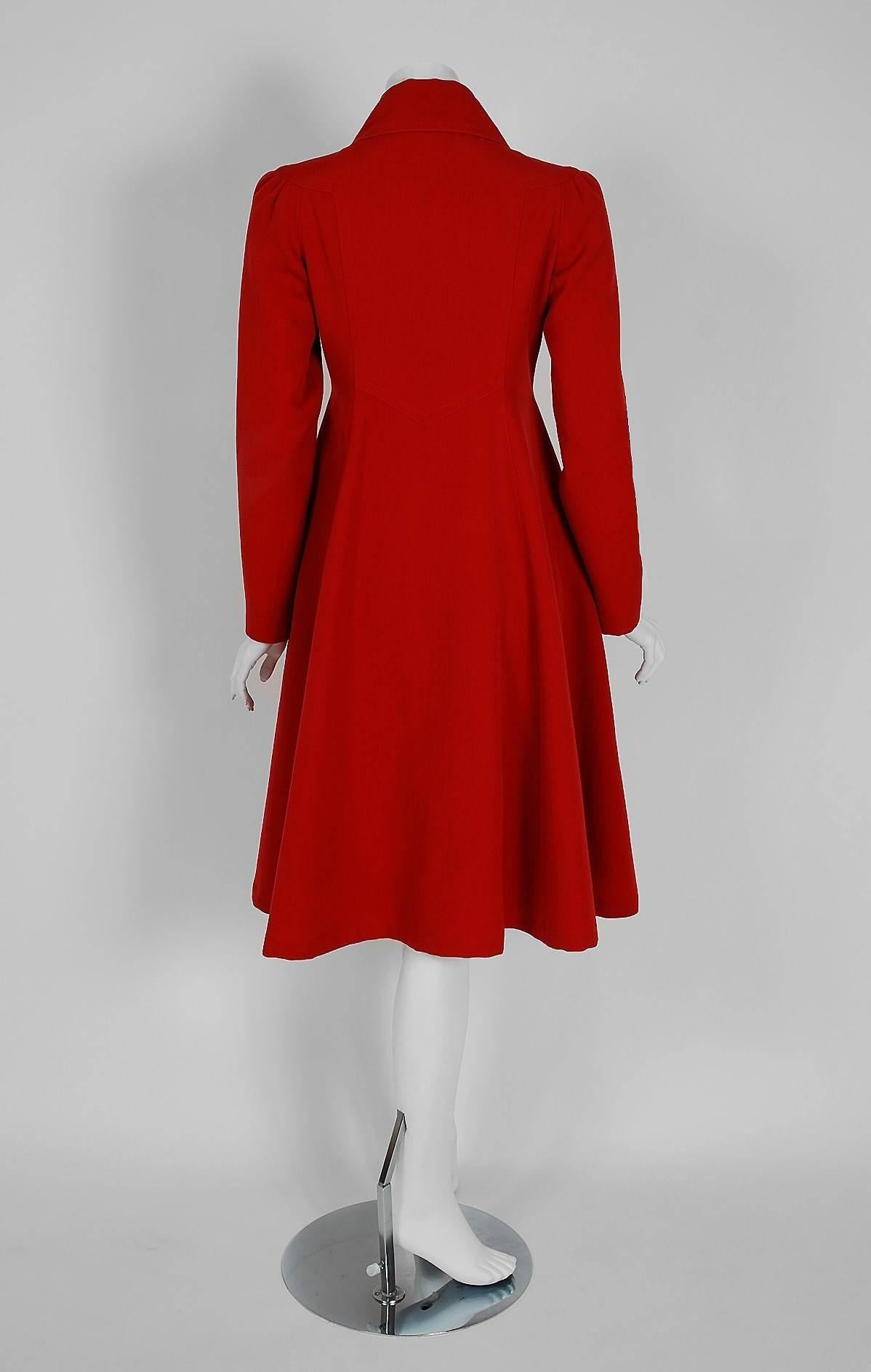 Women's 1970's Ossie Clark Red Double-Breasted Tailored Princess Trench Coat Jacket 