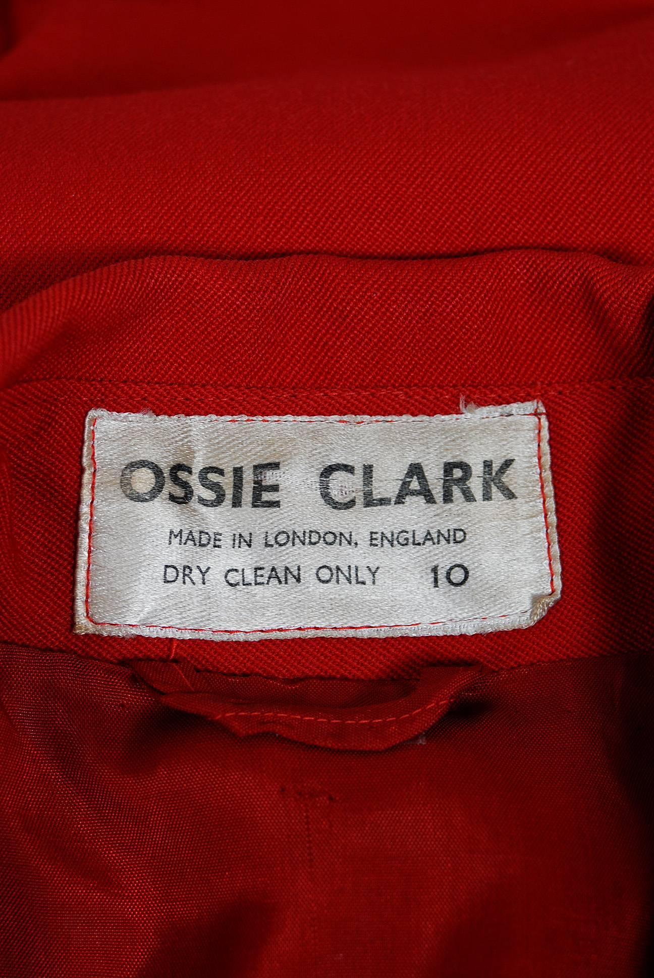 1970's Ossie Clark Red Double-Breasted Tailored Princess Trench Coat Jacket  1