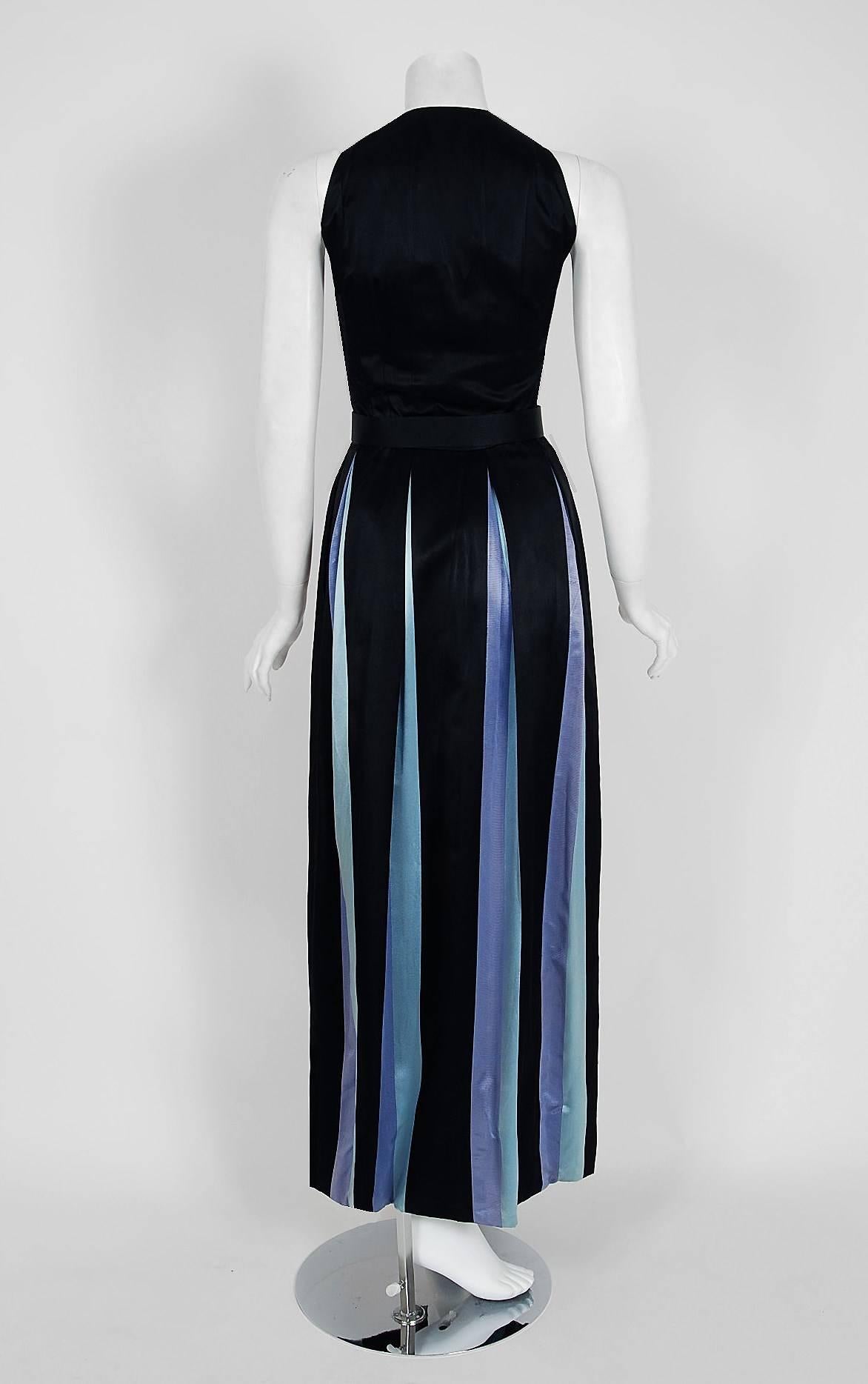 1966 Gigliola Curiel Couture Black & Blue Stripe Silk Pleated Column Dress Gown 1