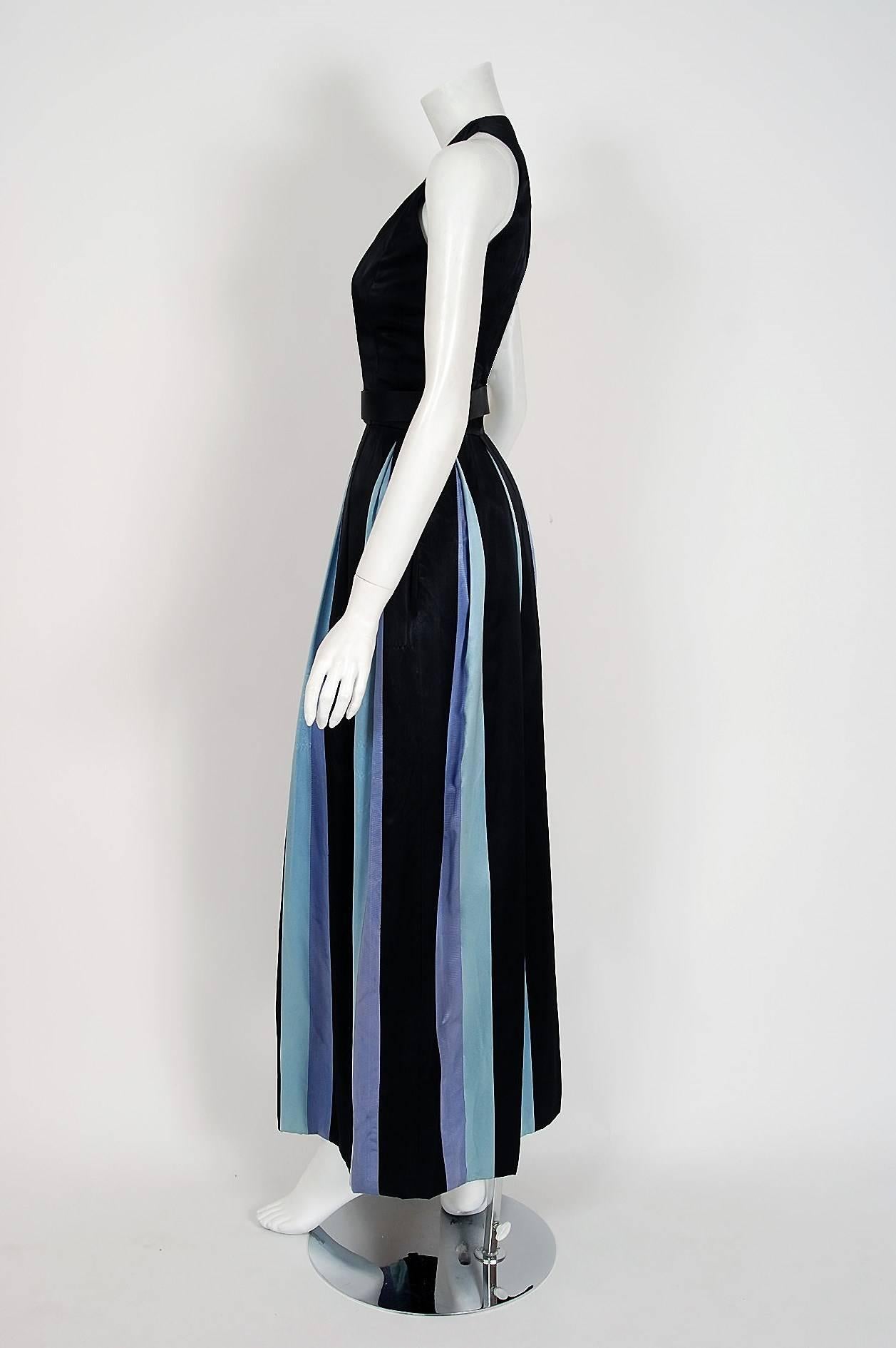 Women's 1966 Gigliola Curiel Couture Black & Blue Stripe Silk Pleated Column Dress Gown