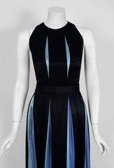 1966 Gigliola Curiel Couture Black & Blue Stripe Silk Pleated Column Dress Gown