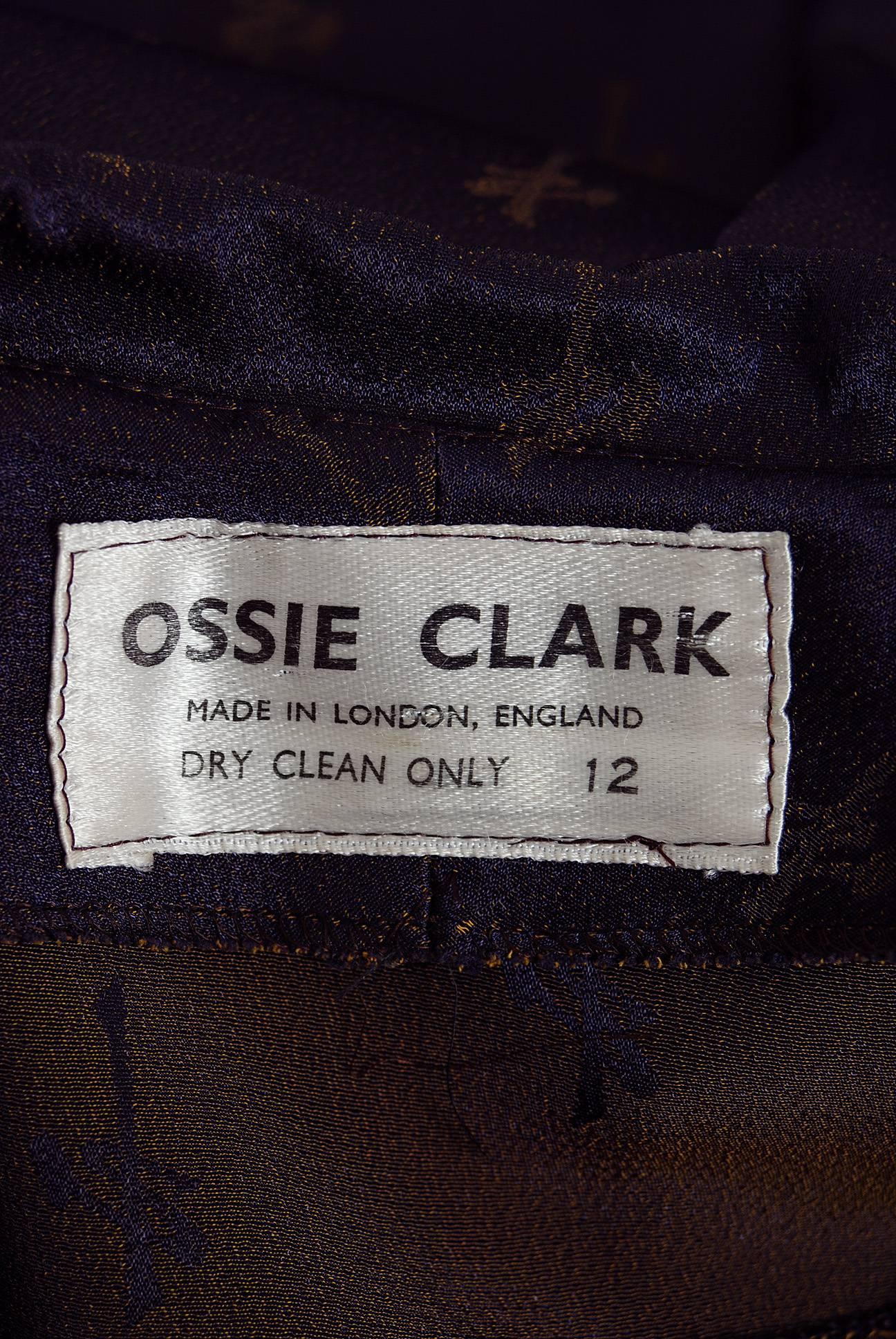 Women's or Men's 1972 Ossie Clark Purple Celia Birtwell Print Crepe-Satin Collar Plunge Dress