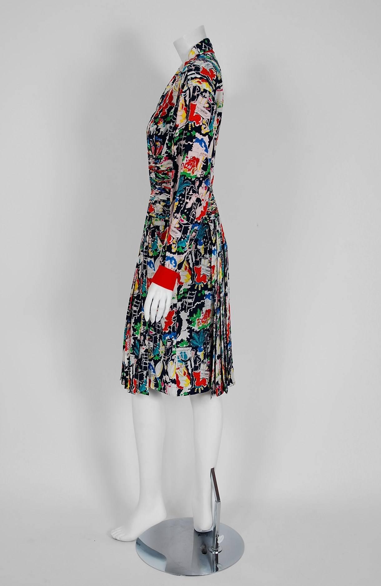 Chanel is known to be one of the most luxurious and decadent fashion houses in the world. This gorgeous Paris novelty print scenic silk dress is a perfect example of why this couture brand has stood the test of time. Not only is this little number