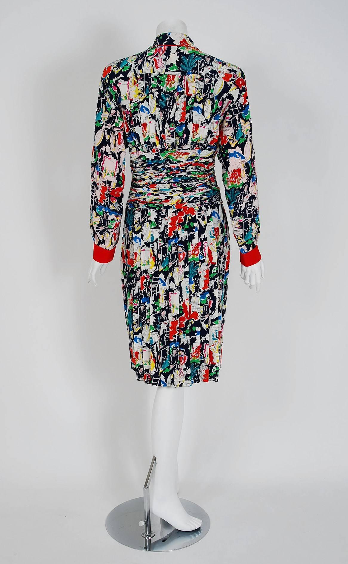 1990's Chanel Colorful Paris-City Scenic Novelty Print Ruched Silk Pleated Dress 1