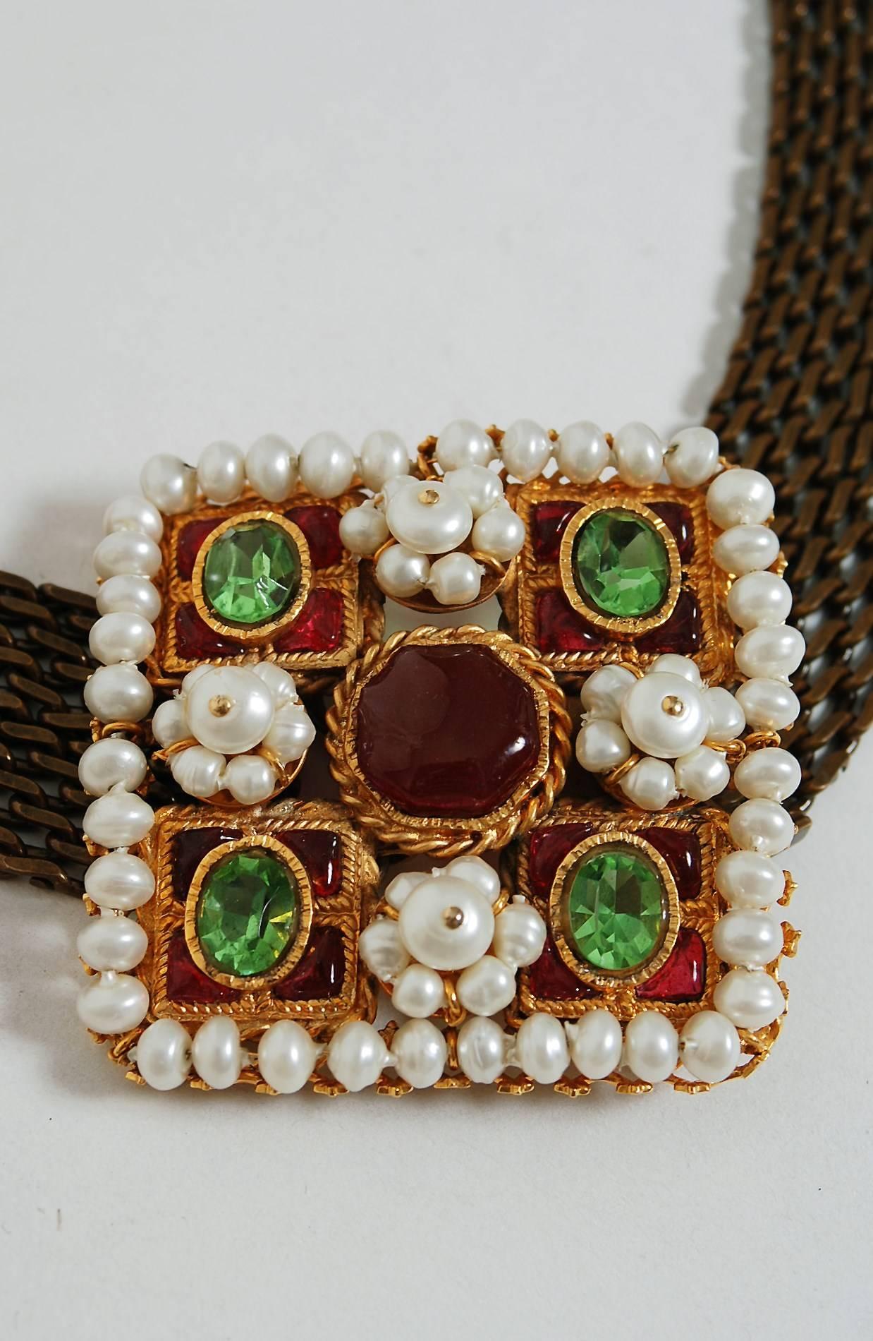 Brown 1997 Chanel Rare Colorful Gripoix & Pearls Buckle Gold-Tone Chain Link Belt
