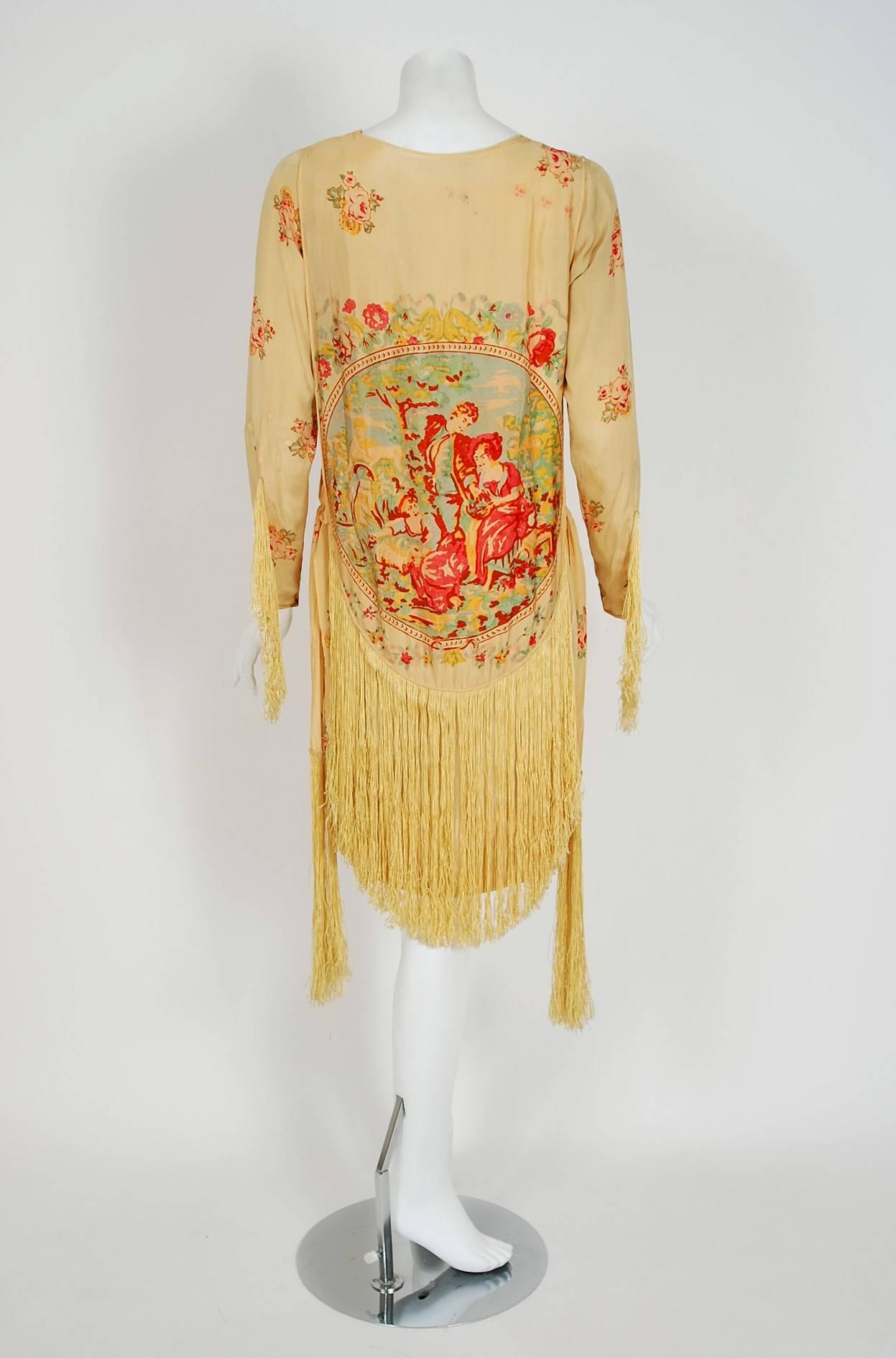 1920's Sherr Brothers Couture Novelty Scenic Print Silk Fringe Flapper Dress  2