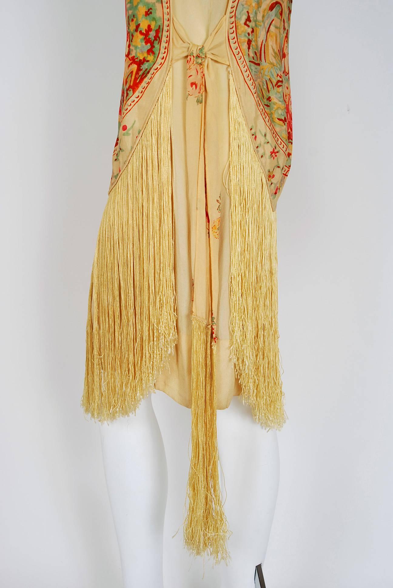 Women's 1920's Sherr Brothers Couture Novelty Scenic Print Silk Fringe Flapper Dress 