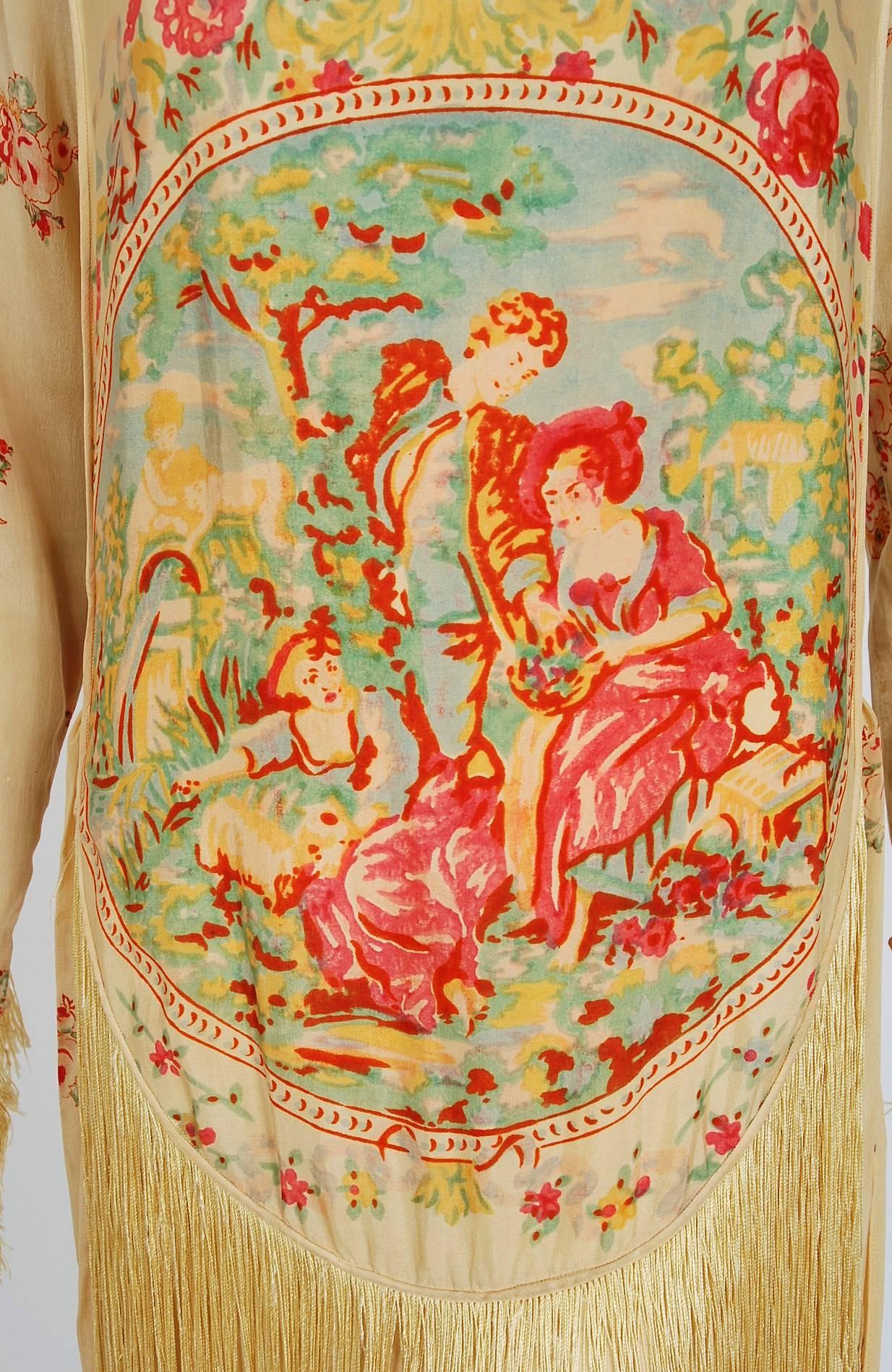 Beige 1920's Sherr Brothers Couture Novelty Scenic Print Silk Fringe Flapper Dress 