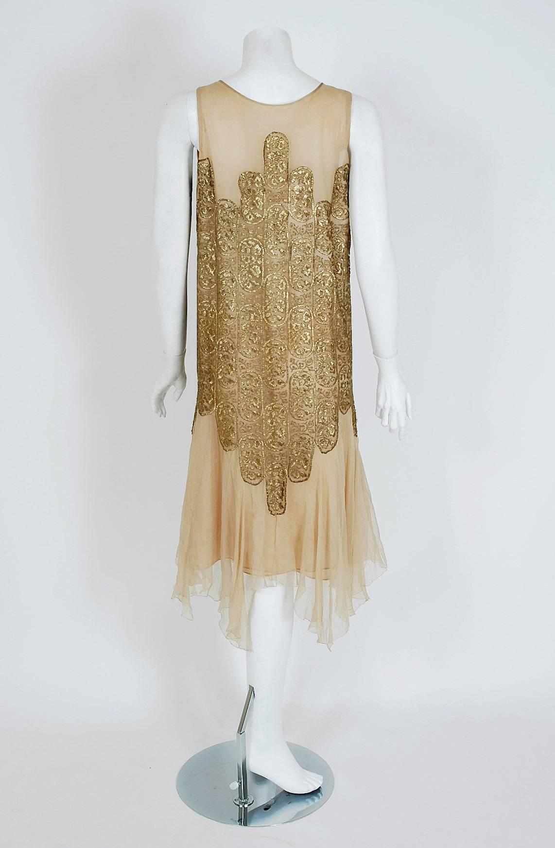 Brown 1925 Elspeth Champcommunal Haute-Couture Metallic Gold Lame Silk Flapper Dress