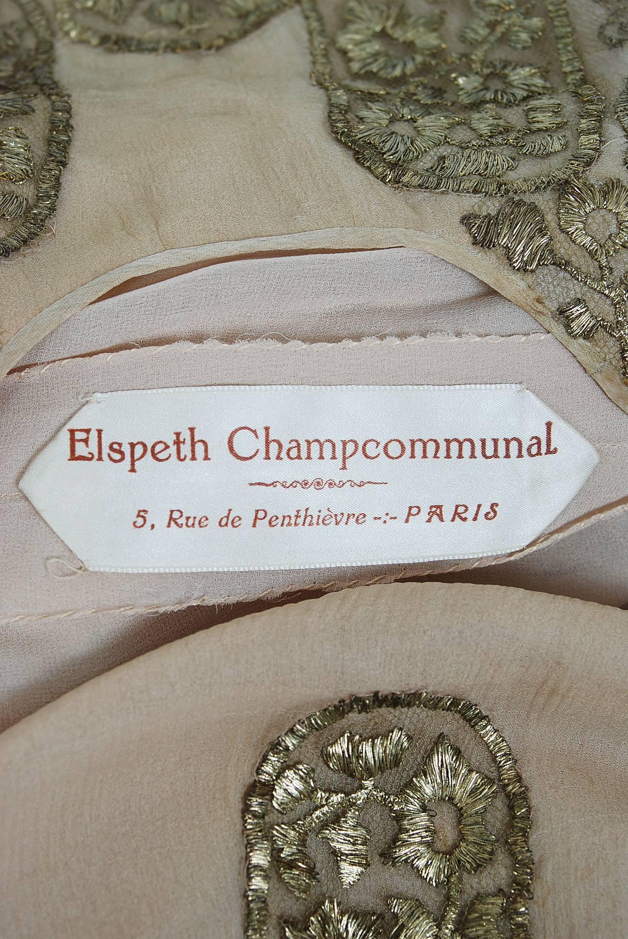 1925 Elspeth Champcommunal Haute-Couture Metallic Gold Lame Silk Flapper Dress In Excellent Condition In Beverly Hills, CA