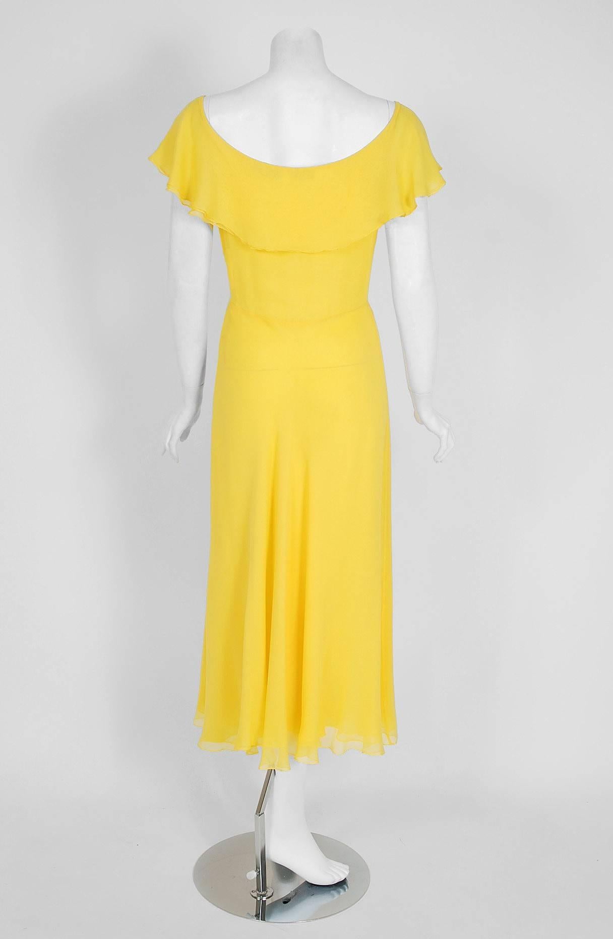 1970's Halston Yellow Silk-Chiffon Flutter Shawl Collar Plunge Goddess Dress 1
