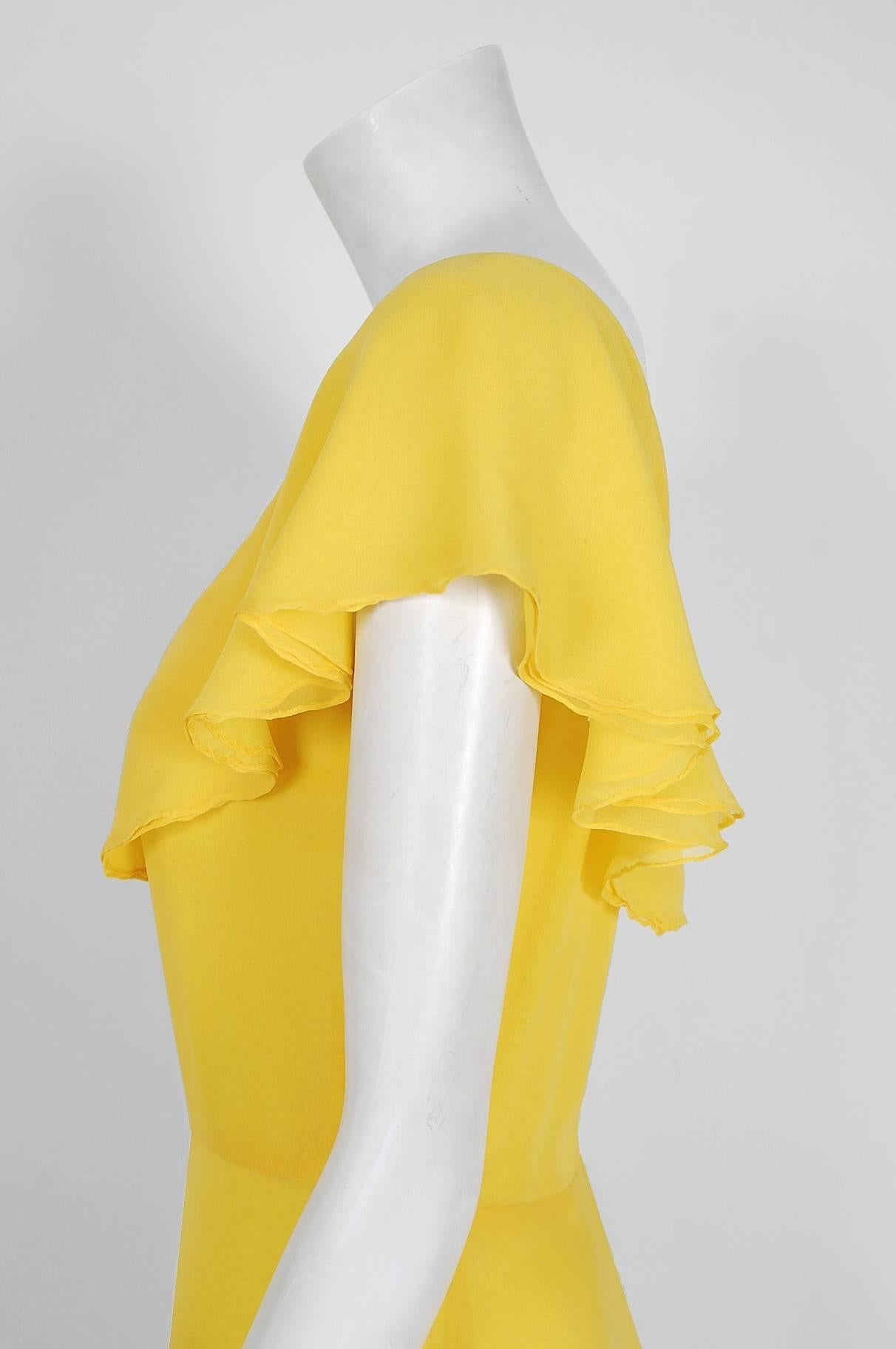 Women's 1970's Halston Yellow Silk-Chiffon Flutter Shawl Collar Plunge Goddess Dress