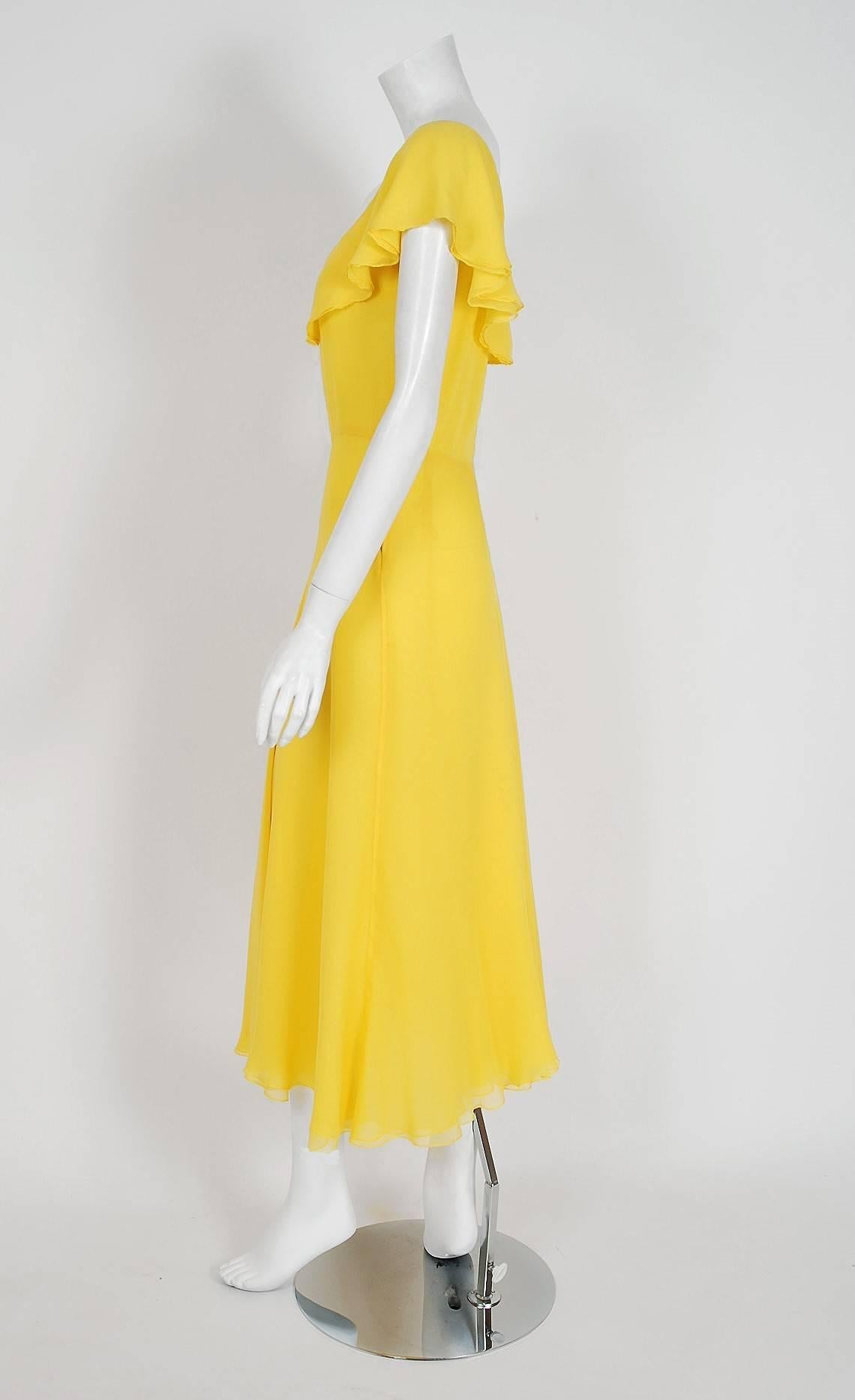1970's Halston Yellow Silk-Chiffon Flutter Shawl Collar Plunge Goddess Dress In Excellent Condition In Beverly Hills, CA