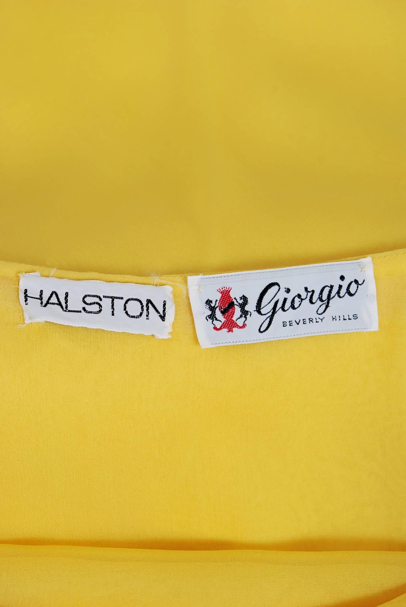 1970's Halston Yellow Silk-Chiffon Flutter Shawl Collar Plunge Goddess Dress 2