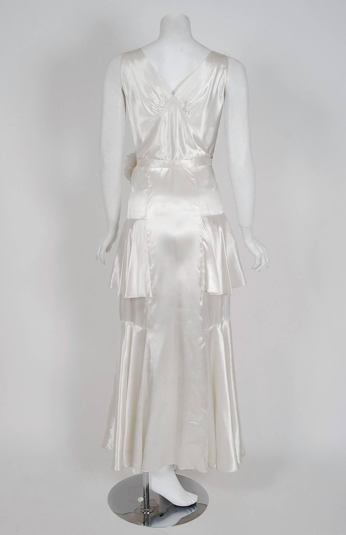 Gray 1930's Ivory White Silk Bias-Cut Floral Applique Tiered Old Hollywood Gown