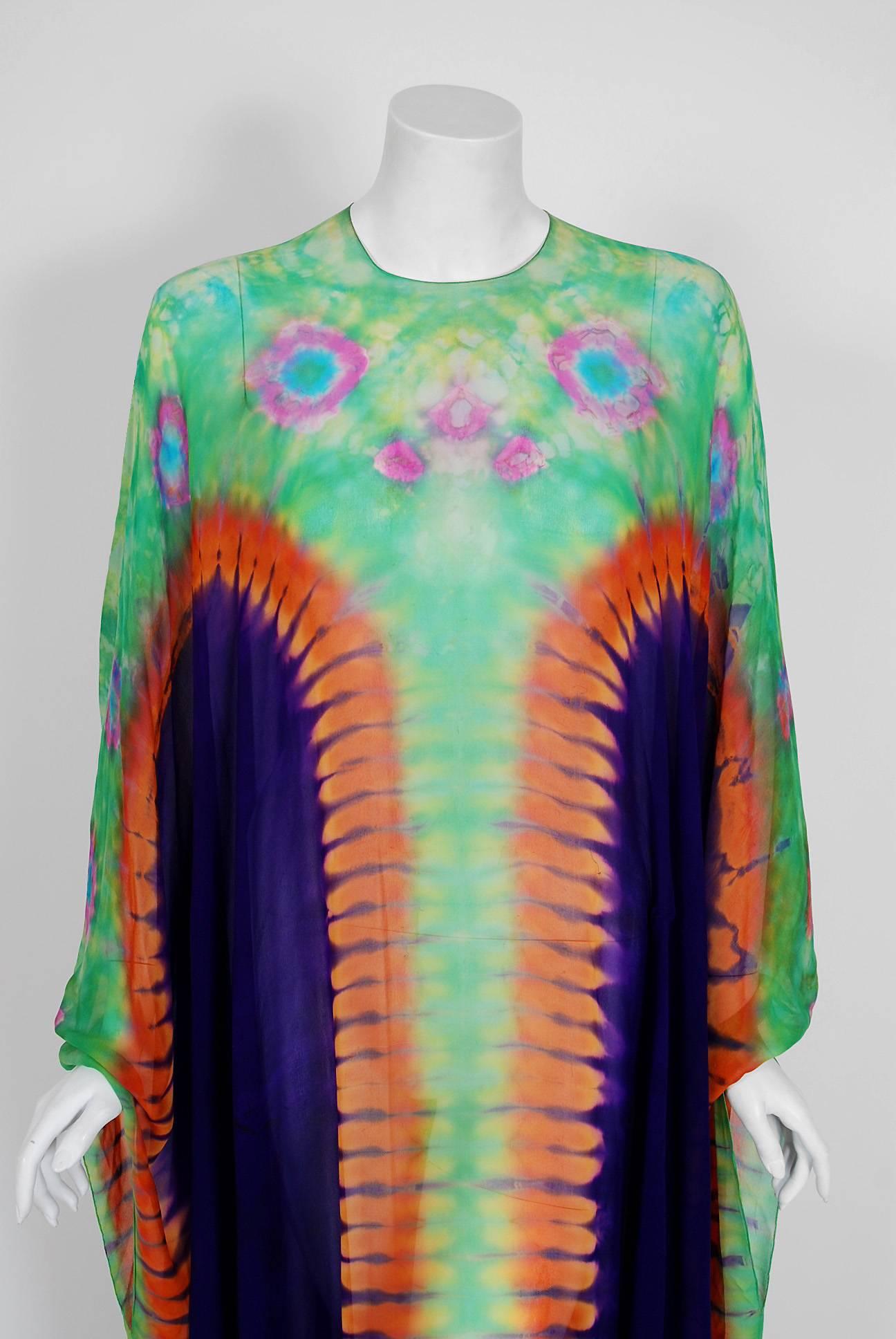 Black 1970's Pauline Trigere Colorful Tie-Dye Print Silk Bohemian Resort Dress Caftan