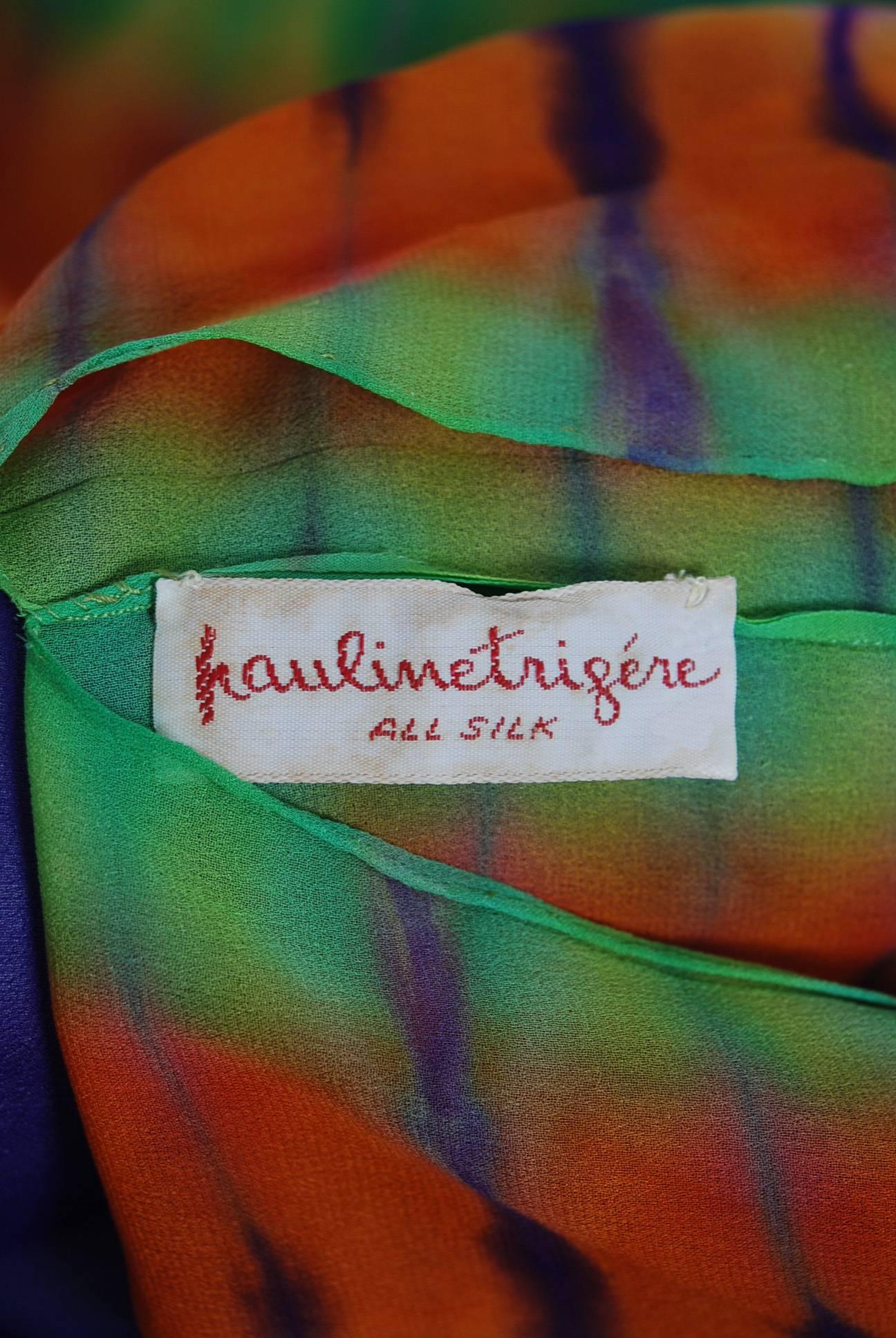 1970's Pauline Trigere Colorful Tie-Dye Print Silk Bohemian Resort Dress Caftan 1