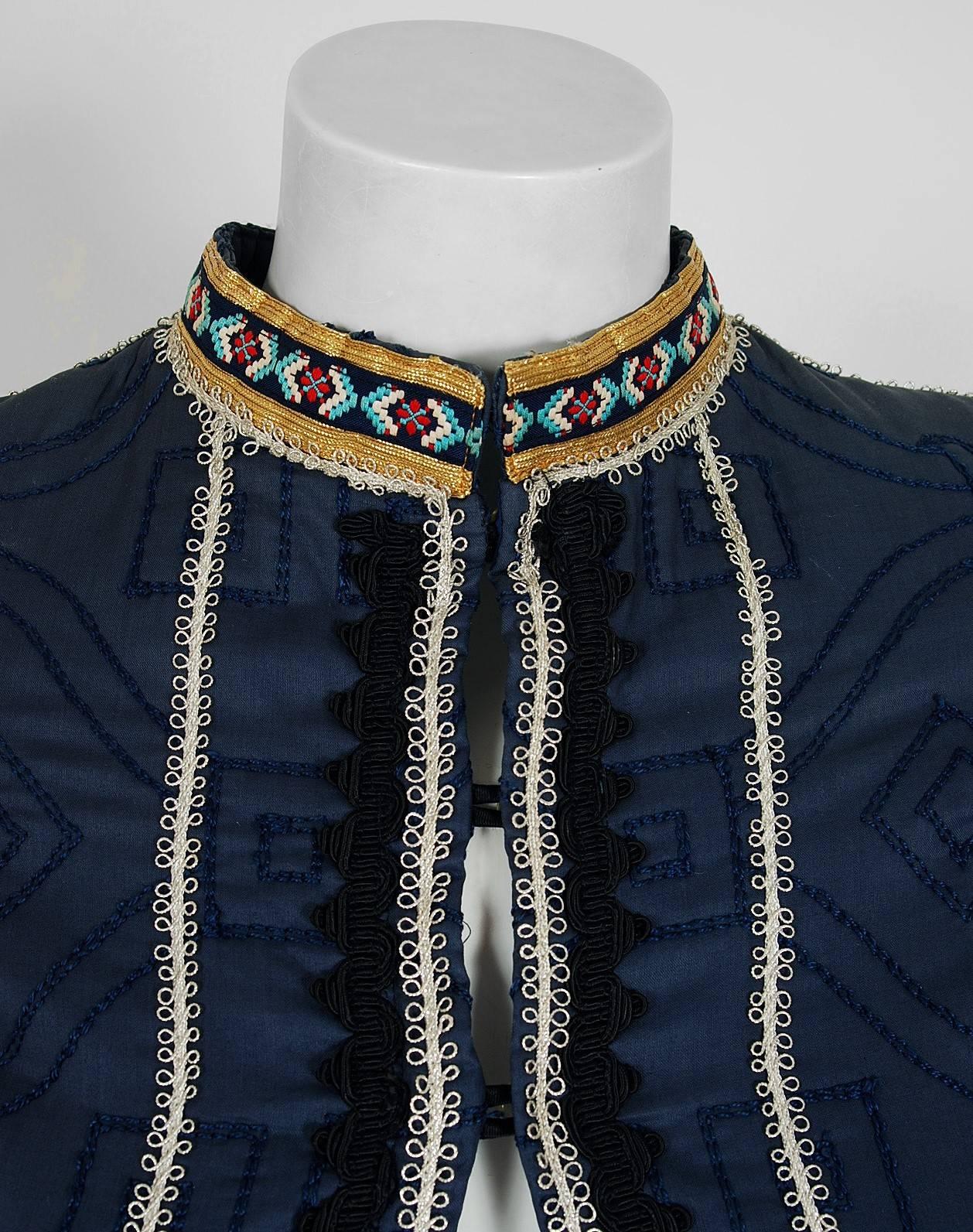1970 Sant' Angelo Metallic Embroidered Applique Cotton Bohemian Jacket Coat  In Excellent Condition In Beverly Hills, CA