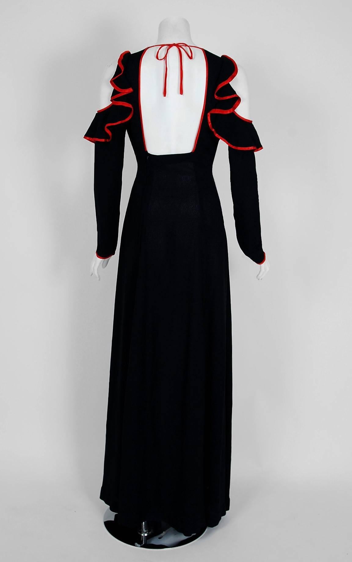 Women's 1970's Ossie Clark Black Moss-Crepe & Red Satin Cut-Out Ruffle Backless Dress
