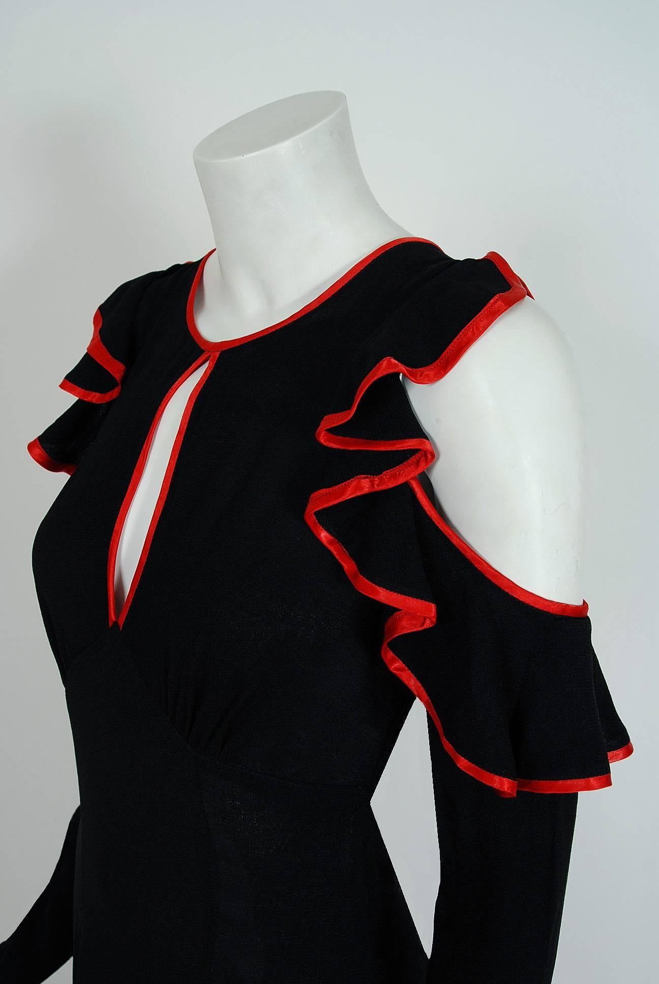 1970's Ossie Clark Black Moss-Crepe & Red Satin Cut-Out Ruffle Backless Dress In Excellent Condition In Beverly Hills, CA