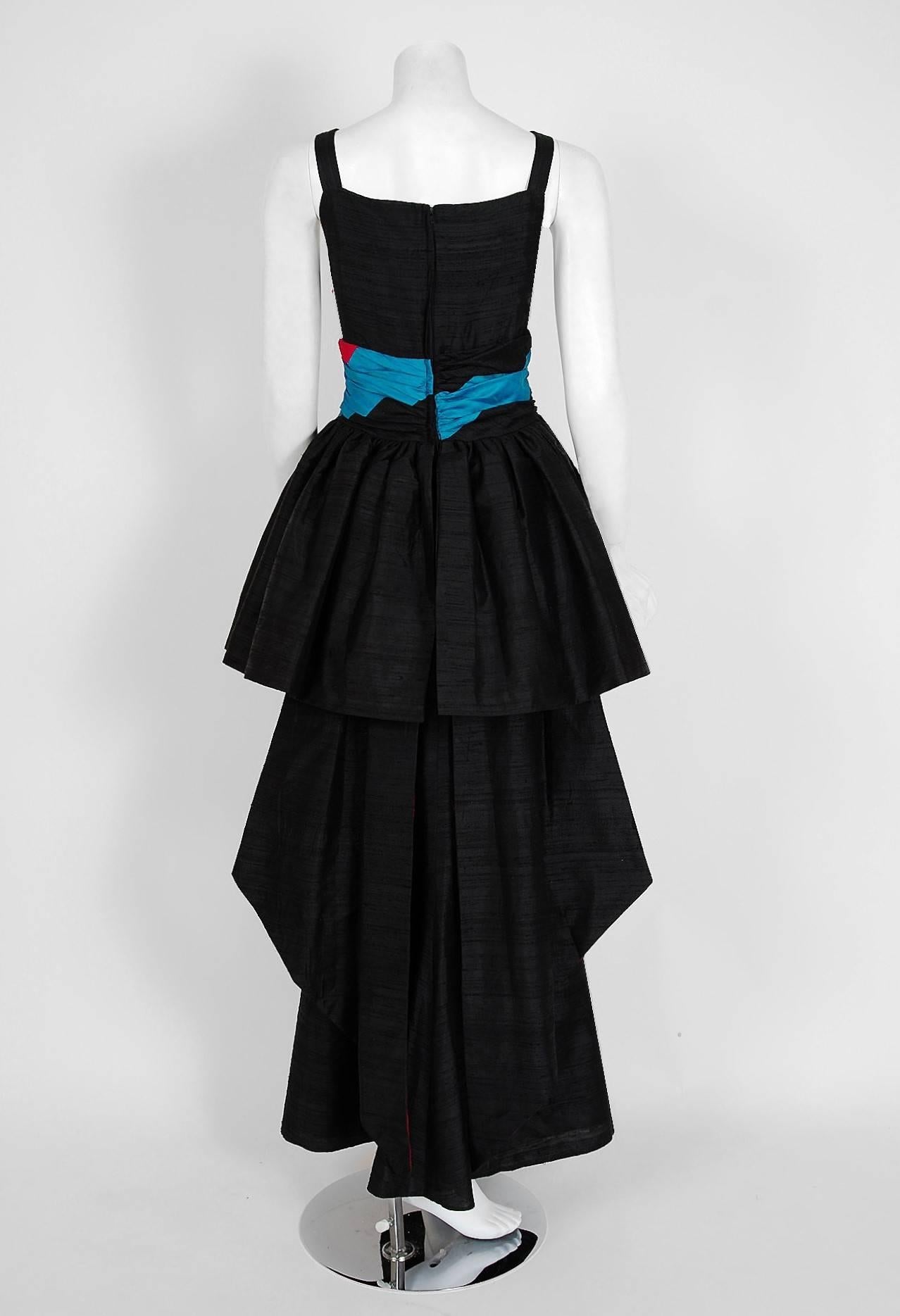 1968 Carven Paris Black & Pink Silk Hourglass Peplum Bustle Formal Evening Gown 1